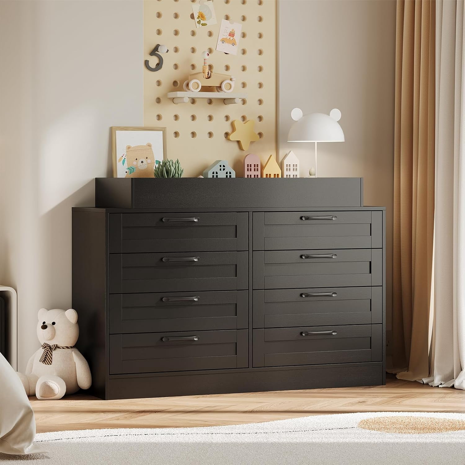 Towallmark Baby Changing Dresser with 8 Drawers, Nursery Storage Organizer with Safety Rail and Open Shelf (Black) 9bsiv