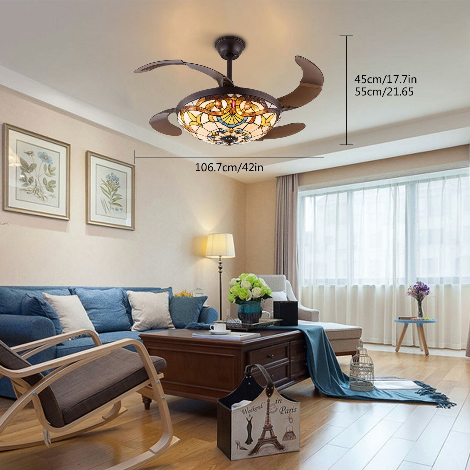 TFCFL 42 in Tiffany Ceiling Fan with LED Light and Retractable Blades (Multicolor, 42 in) or3w6