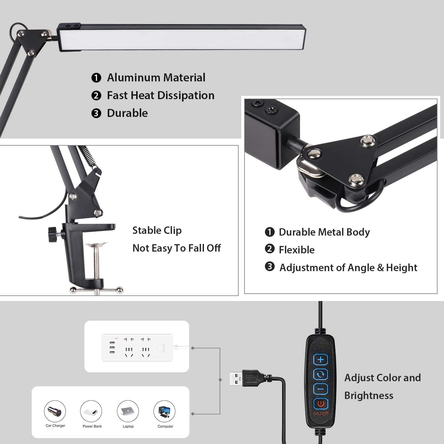 Rirool LED Desk Lamp with Clamp, Adjustable 3 Color Modes & 10 Brightness Levels, Flexible USB Powered Clip Light for Office and Reading (Black) 26ym7