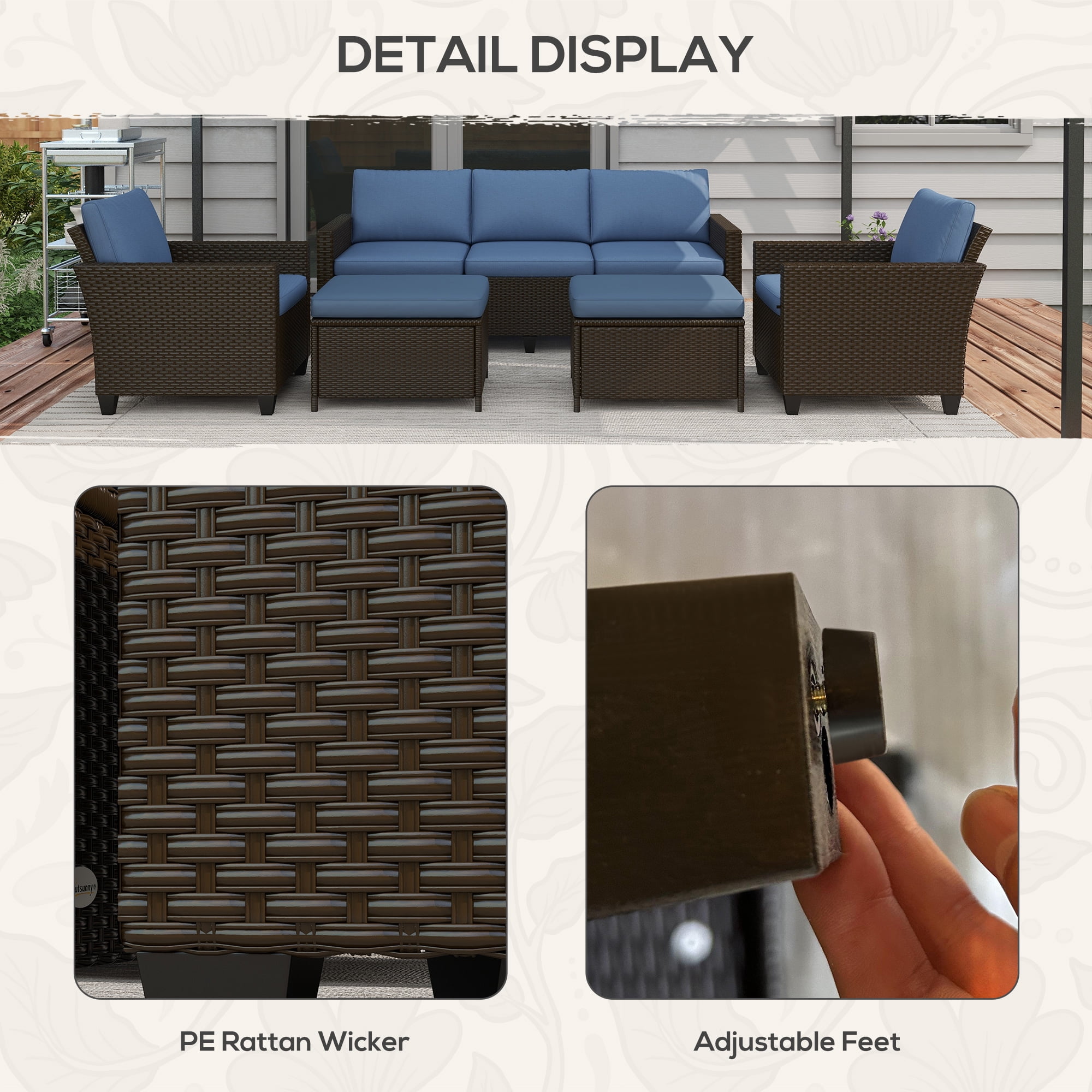 Outsunny 5 Piece Patio Furniture Set, Outdoor Wicker Conversation Sofa with Cushions (Deep Coffee, 5 Piece) 5vhvx