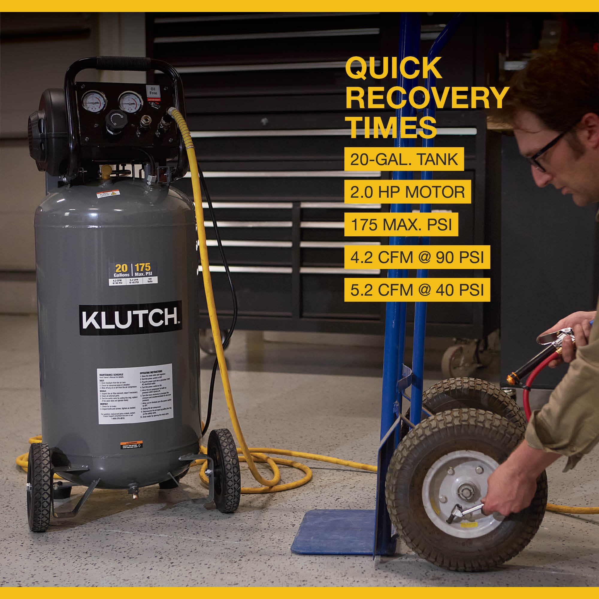 Klutch 20-Gallon Air Compressor (2 HP, 120 Volts, 175 PSI, Grey) ahkbe
