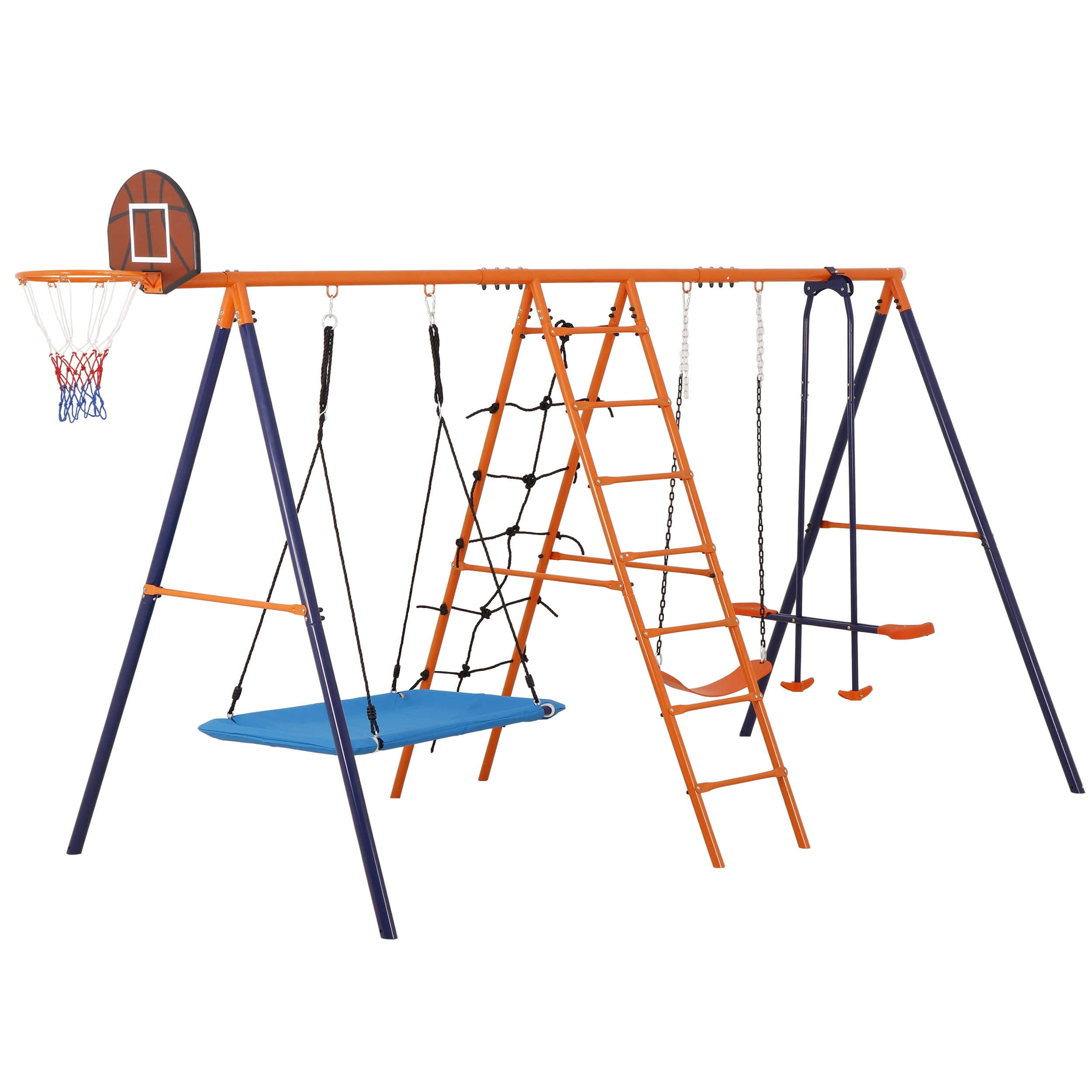 ZenSports 5-in-1 Outdoor Kids Swing Set with Saucer Swing, Belt Swing, Seesaw, Basketball Hoop, and Climbing Ladder (Orange, 660 lb Capacity) wfok7