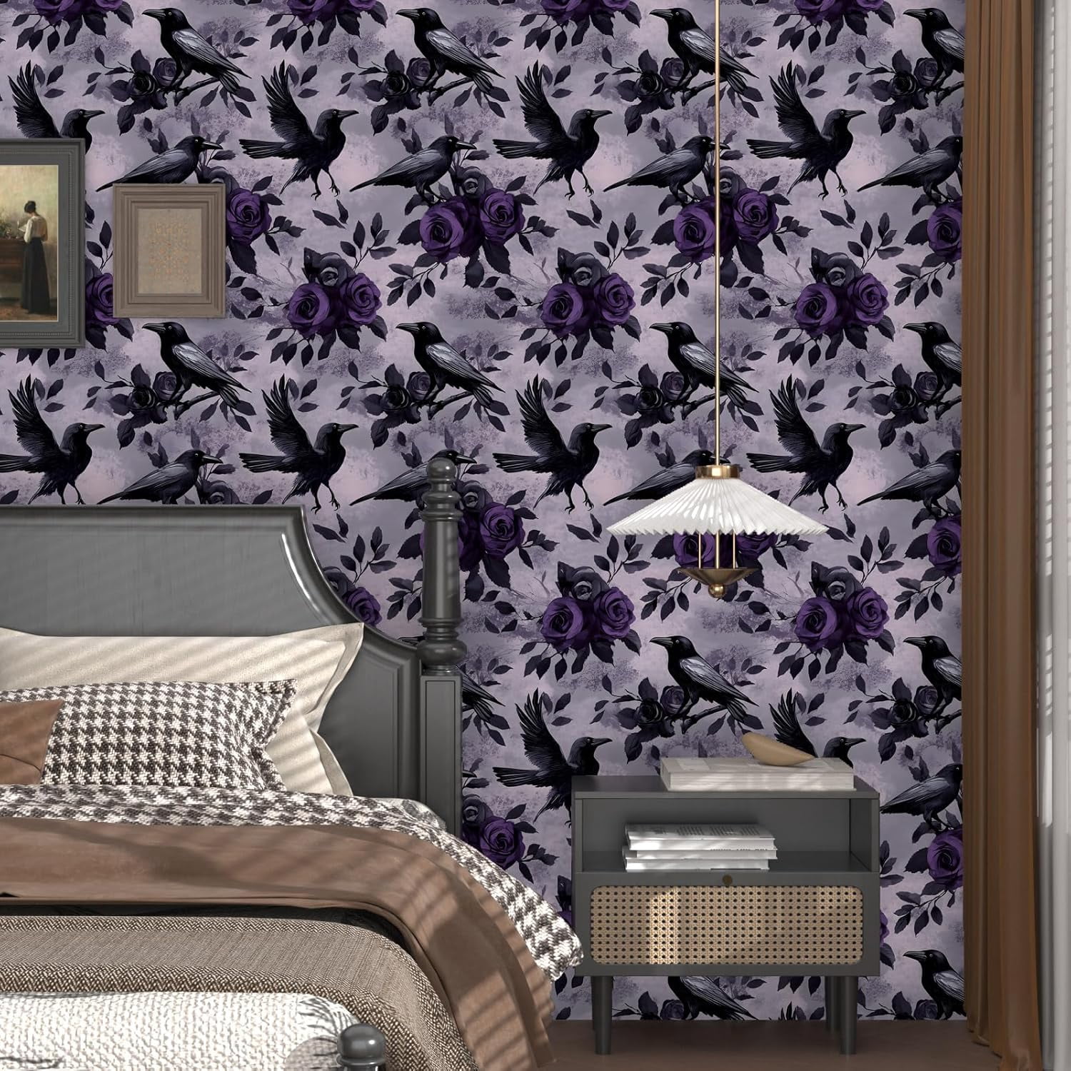 Usachibb Peel and Stick Wallpaper, Crane Bird Floral Contact Paper (Dark Green, 17.5 in x 118 in) 8ncdf