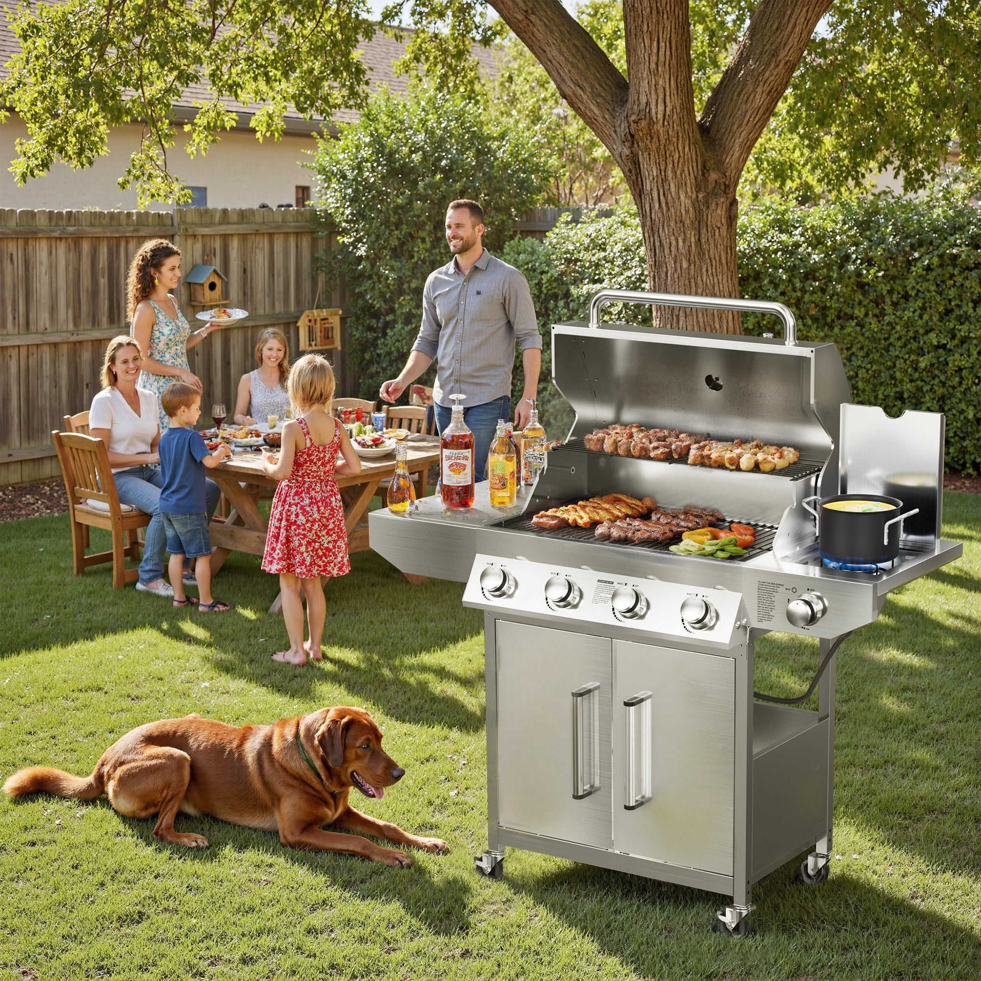 SKOK 4-Burner Gas Grill with Side Burner, Outdoor Propane Barbecue for Patio and Backyard (58,000 BTU, 393 sq.in Cooking Surface) 8a8uj