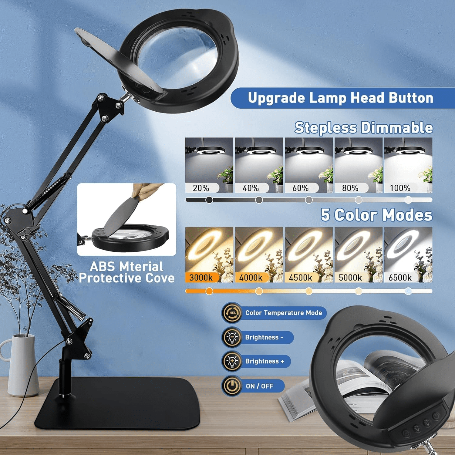 Gefolly LED Magnifying Desk Lamp with Clamp, Adjustable Swing Arm, 5 Color Modes, Stepless Dimmable (Black, 1 Unit) sbqk3
