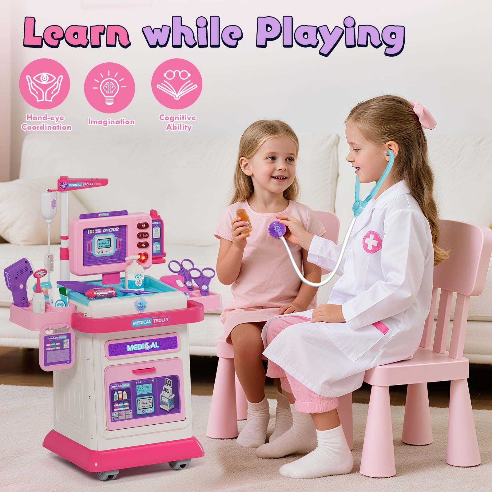 KWANITHINK Kids Doctor Play Cart with Realistic Light and Sound Effects, Pretend Medical Station Role Play Toy (Pink, 21.2 in x 16.9 in x 8 in) fkiqg