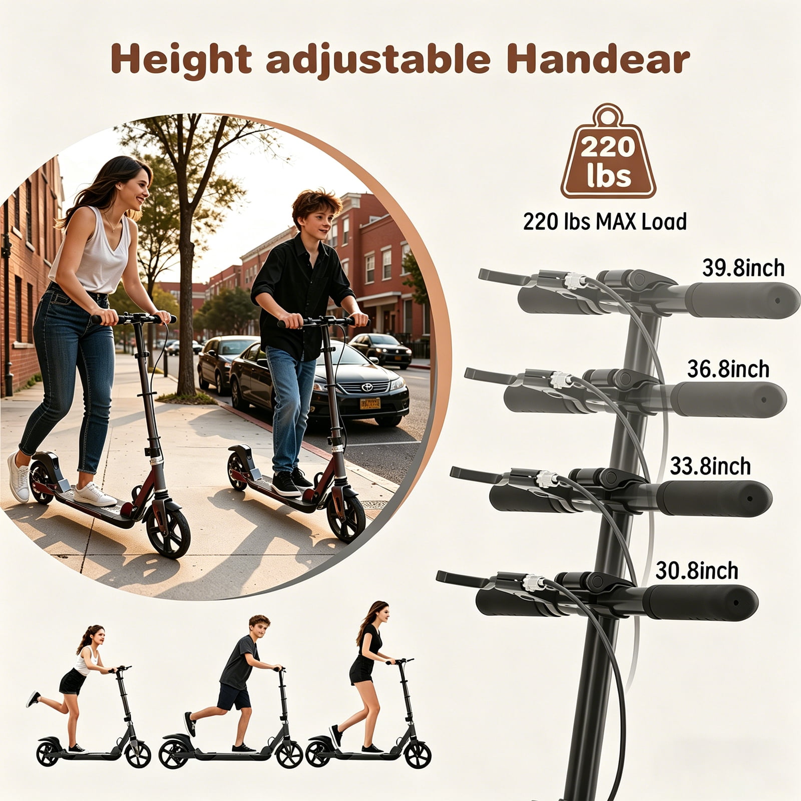 Duomigo Kick Scooter for Teens and Adults, Foldable Commuter Scooter with Hand Brake and 8 in Wheels (Black, 220 lb) pbg6k