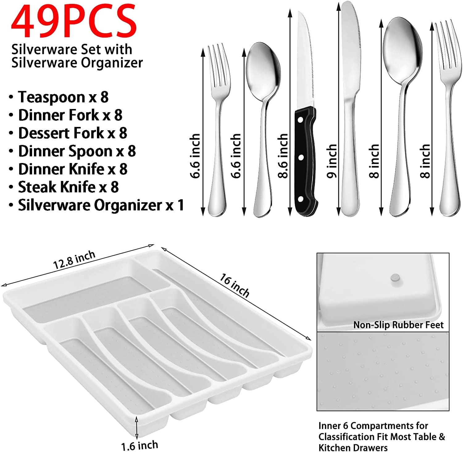 Kosbon 49-Piece Stainless Steel Flatware Set with Drawer Organizer (Service for 8, Silver) gxed7