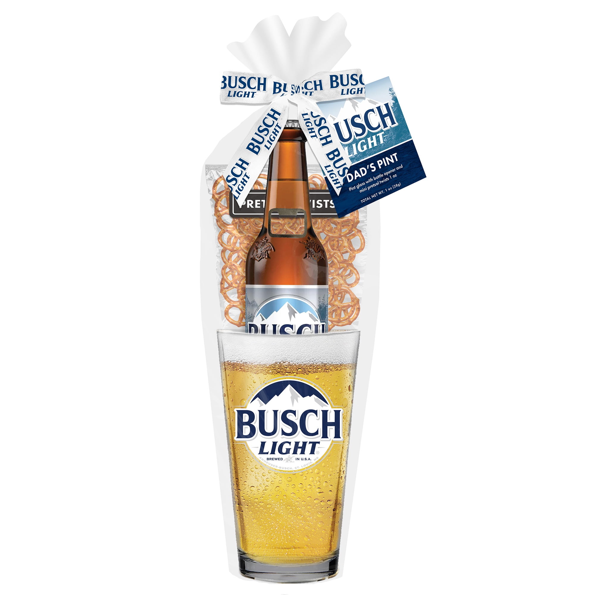 Busch Light Pint Glass and Opener Gift Set with Pretzel Twists (16 oz Glass, 1 oz Pretzels) r2hjv