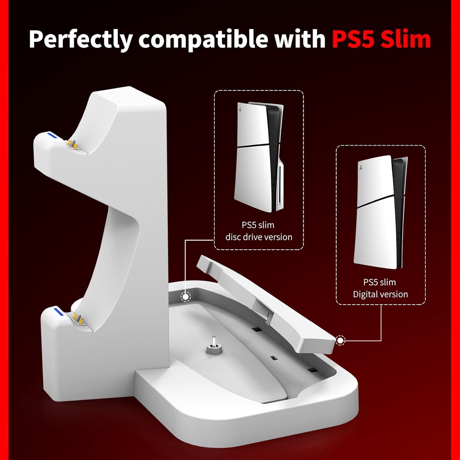 NBCP PS5 Slim Vertical Stand with Dual Controller Charger and Headphone Holder (White) 9f3o8