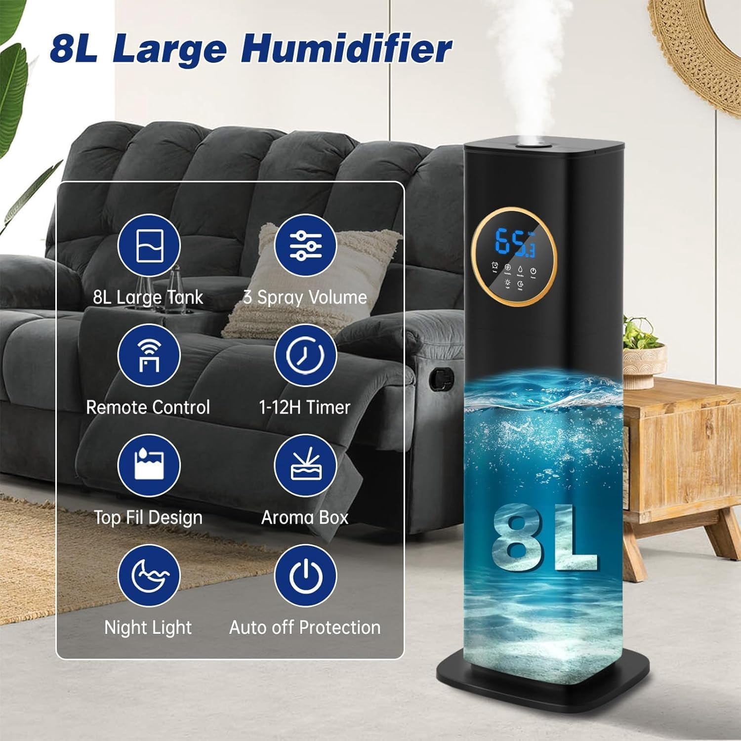 Lacidoll Cool Mist Humidifier for Large Room, Ultrasonic Air Humidifier with Essential Oil Diffuser and Digital Display (Black, 2.1 gal) 3vn38