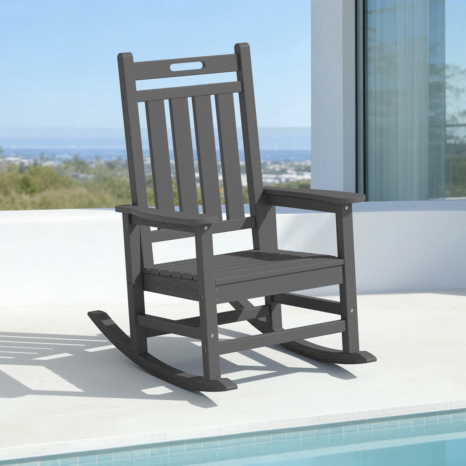 Loyalice HDPE Outdoor Rocking Chair, All-Weather High Back Patio Rocker with Wood-Grain Texture (Gray) 1kiwq