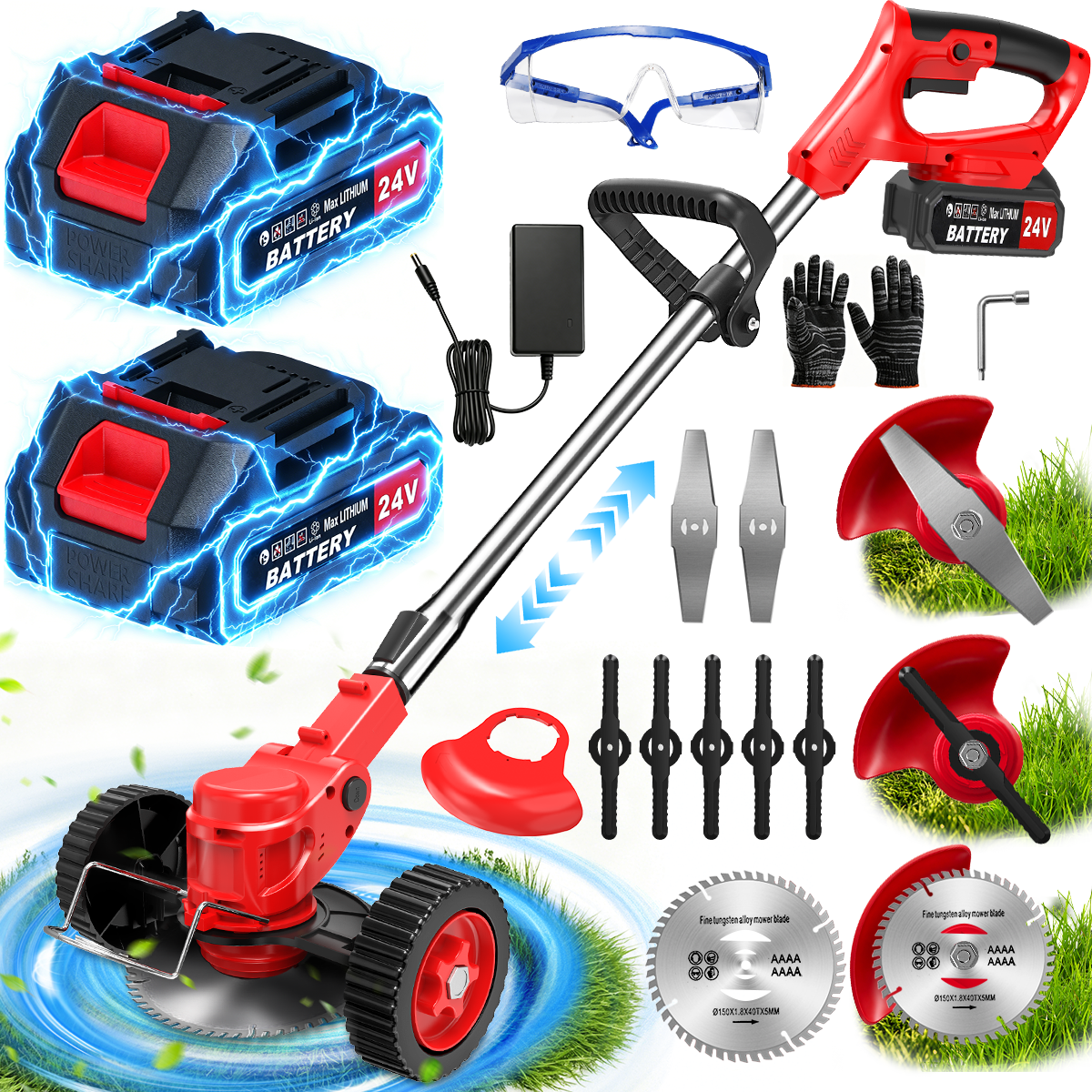 TNTANTS Cordless Electric Weed Wacker, 3-in-1 Grass Trimmer, Edger, and Brush Cutter with 2 Batteries and Wheels (Red, 46.5 in) 04gwl