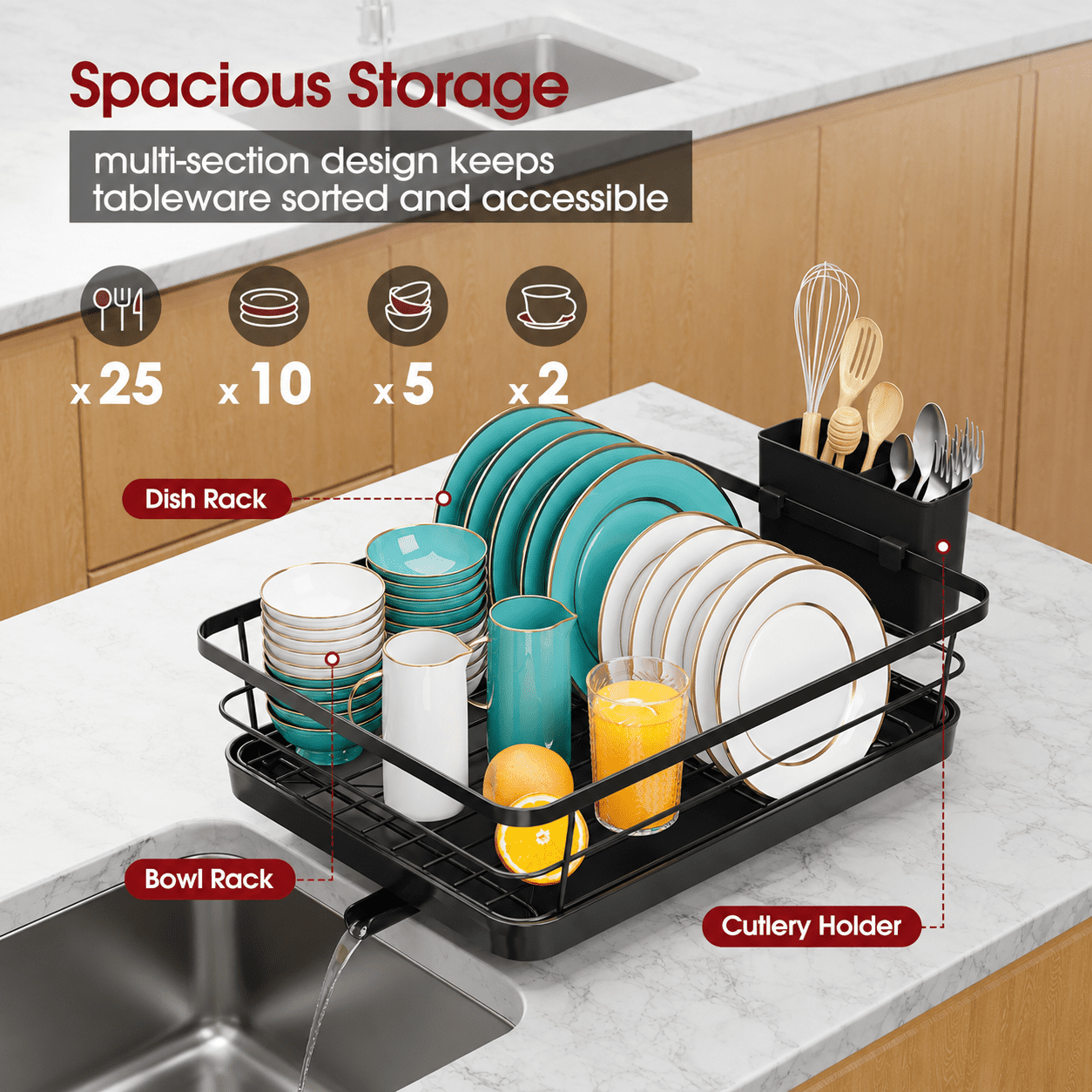 Sakugi Compact Dish Drying Rack for Kitchen Counter with Swivel Drainboard (Black, 15 in x 12 in x 5 in) jxwgs