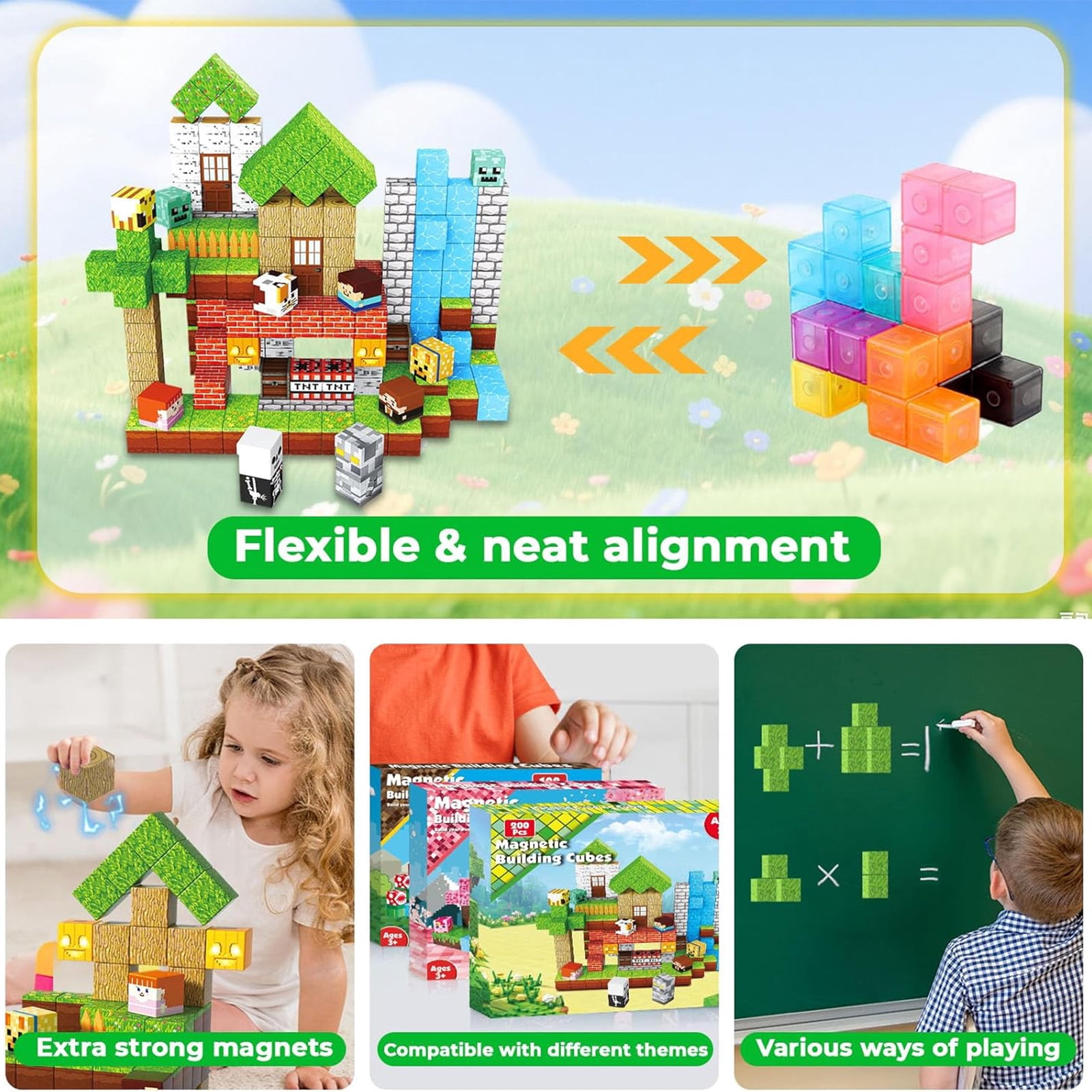 Annexfun Magnetic Building Blocks Set, STEM Montessori Sensory Stacking Cubes for Creative Construction (Multicolor, 200 Pieces) mbr0r