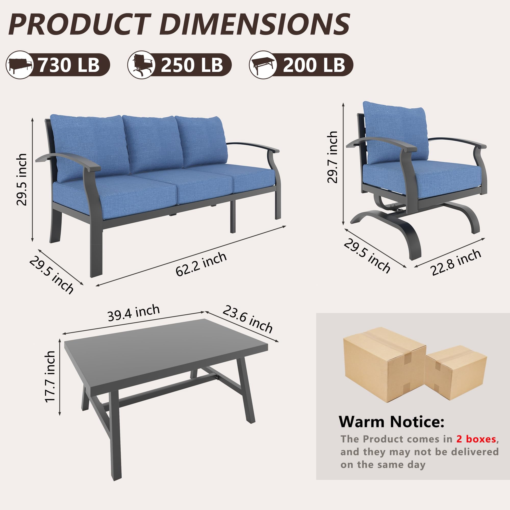 Gotland 4-Piece Metal Patio Furniture Set, Outdoor Sectional Conversation Sofa with Coffee Table (Navy Blue, 4-Piece Set) rxu6x