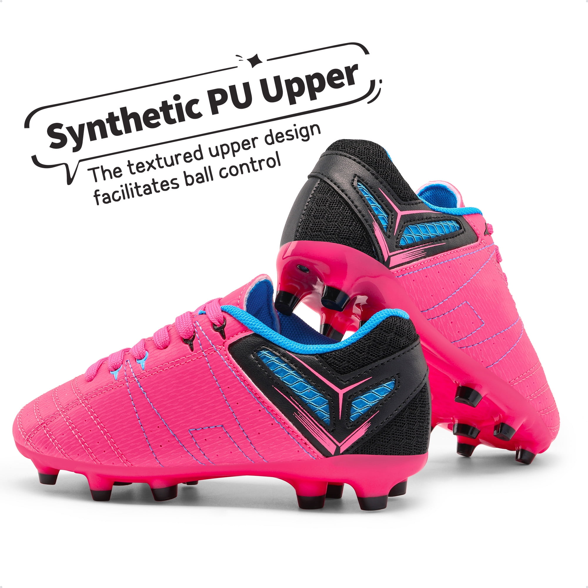 BURUDANI Kids Soccer Cleats Outdoor Athletic Trainers (Fuchsia/Black/Cyan, Size 1) hes2k
