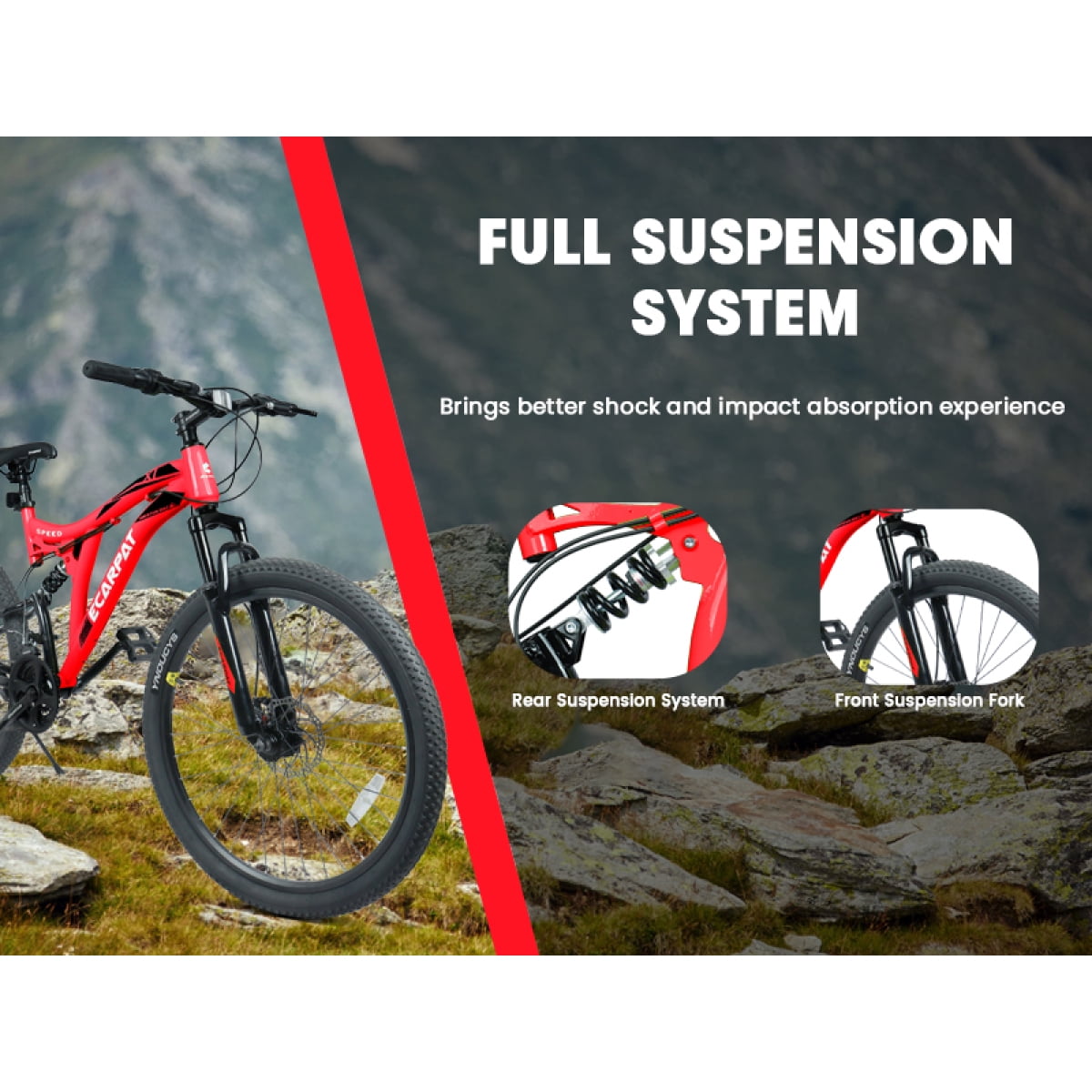 Dcmisas 26-Inch Mountain Bike, 21-Speed Full Suspension Steel Frame with Dual Disc Brakes (Red, 26 in) bi3ug