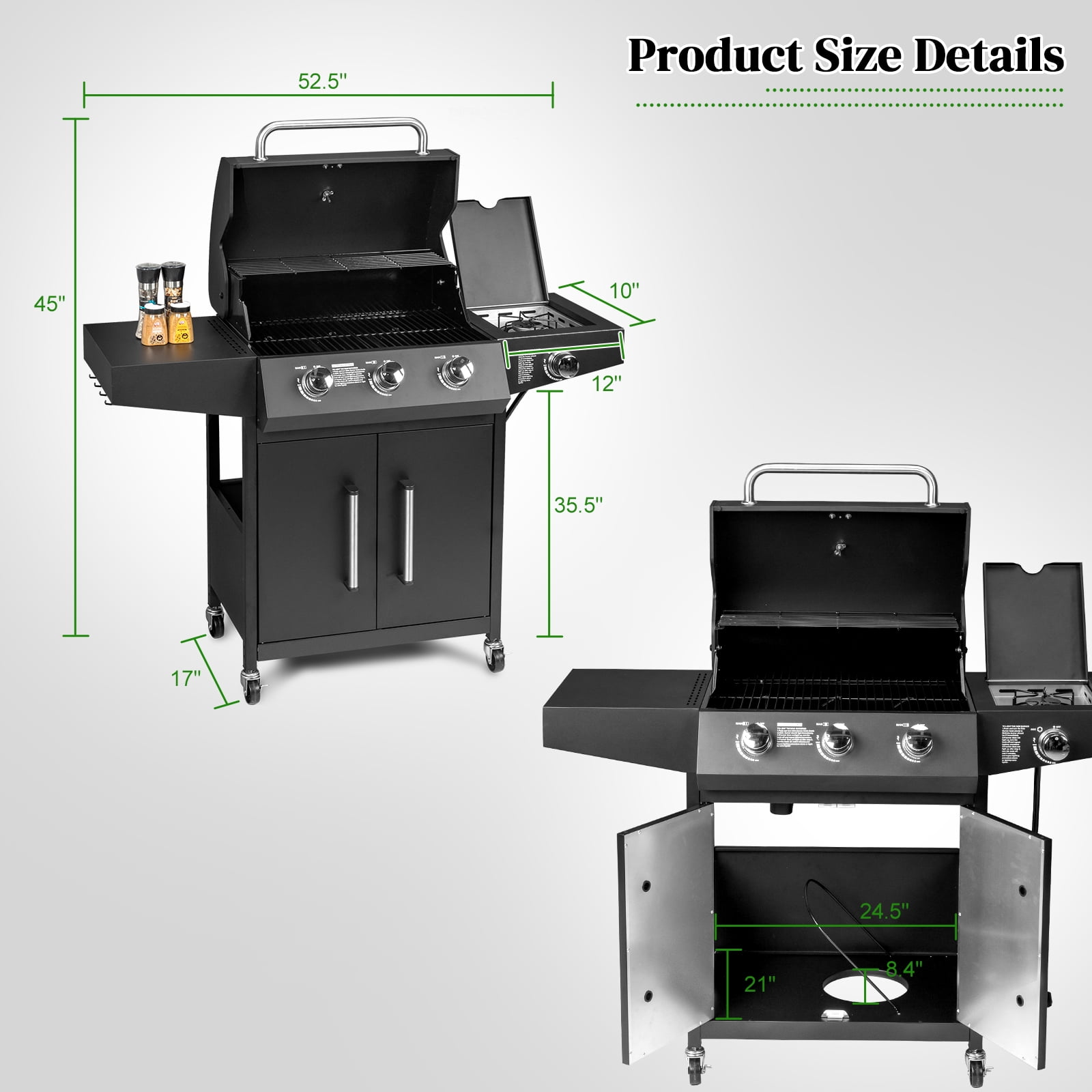 GoDecor 3-Burner Propane Gas Grill with Side Burner for Outdoor Cooking (Black, 53 in) u09tr