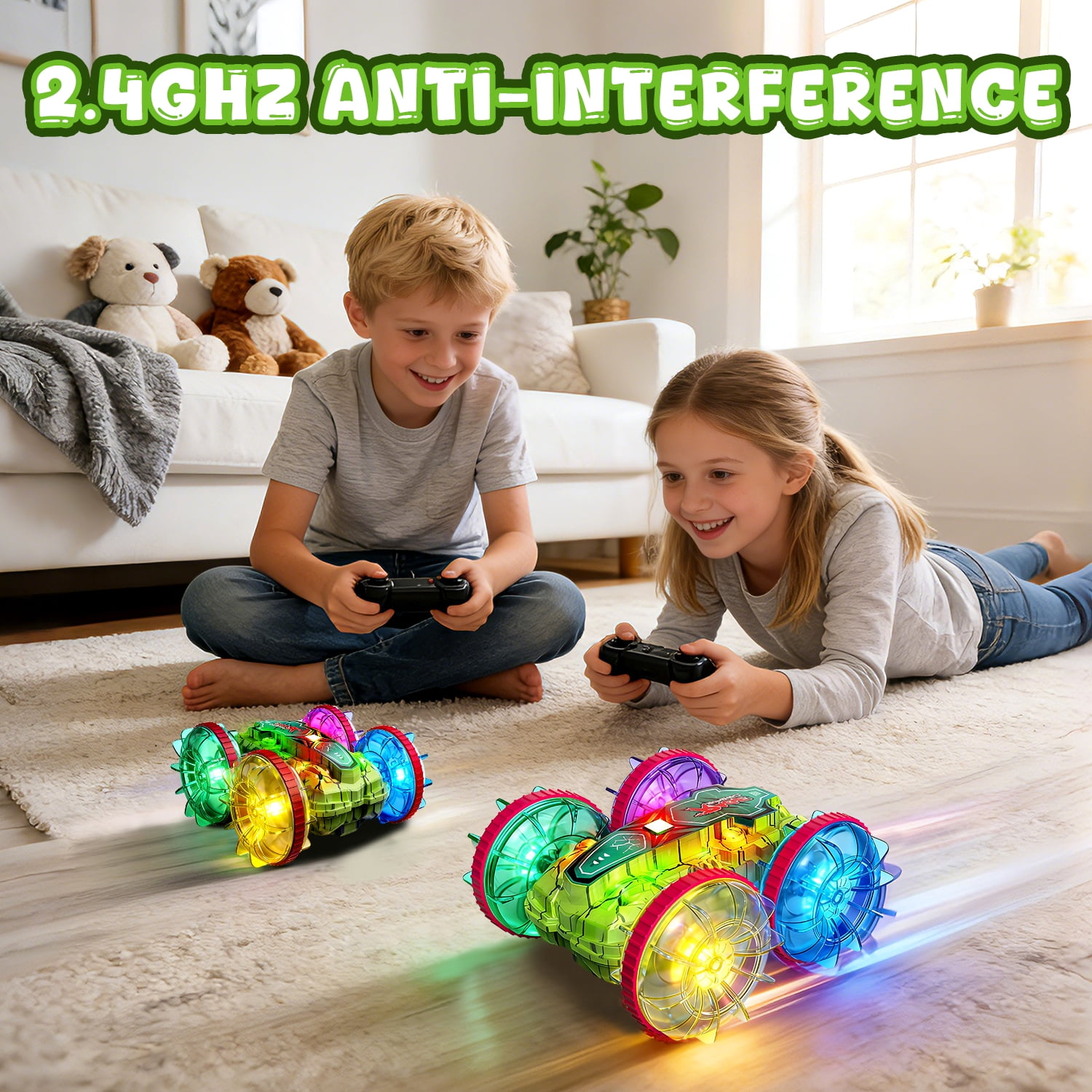 JoyStone Amphibious RC Stunt Car, 4WD Waterproof All-Terrain Remote Control Truck with LED Wheels (Green, 1 Pack) u928h