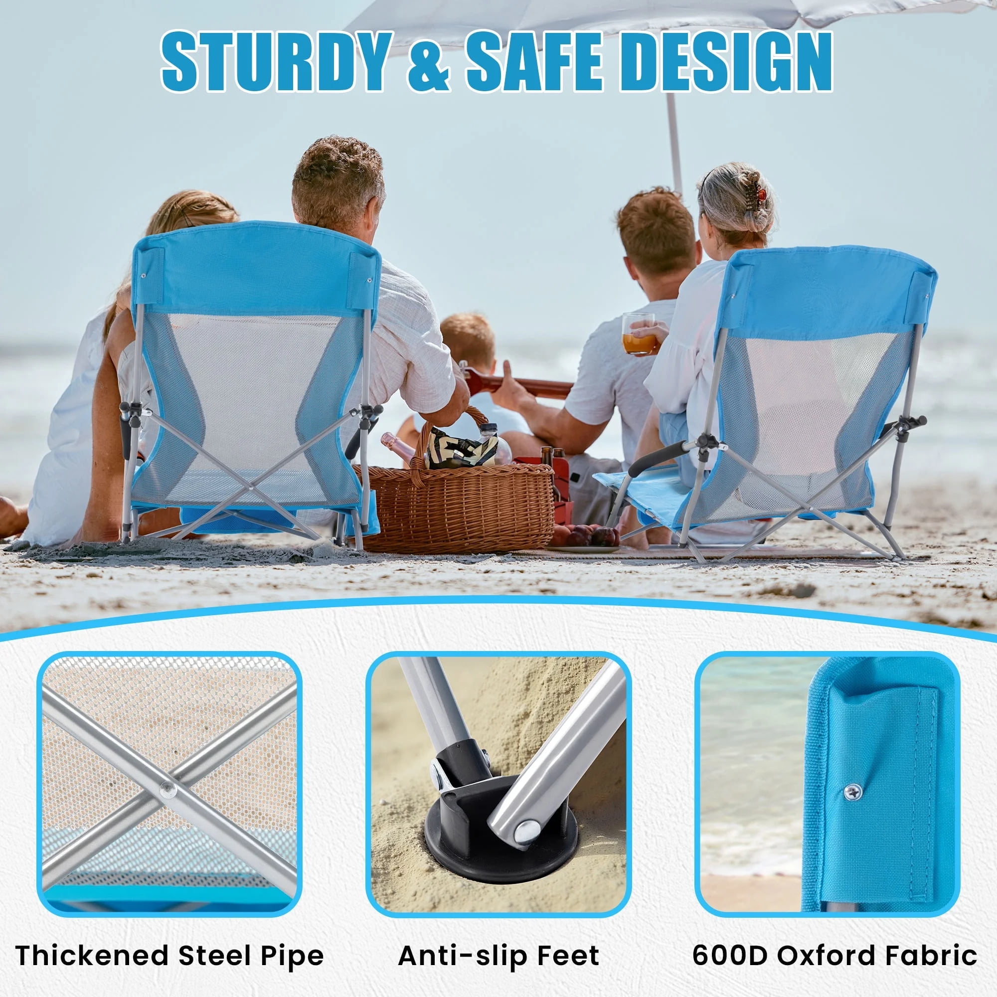 Umineux Folding Beach Chair for Adults, Portable Lightweight Outdoor Seat with Cup Holder (Light Blue, 22 in x 19.7 in x 27.5 in) tuui1