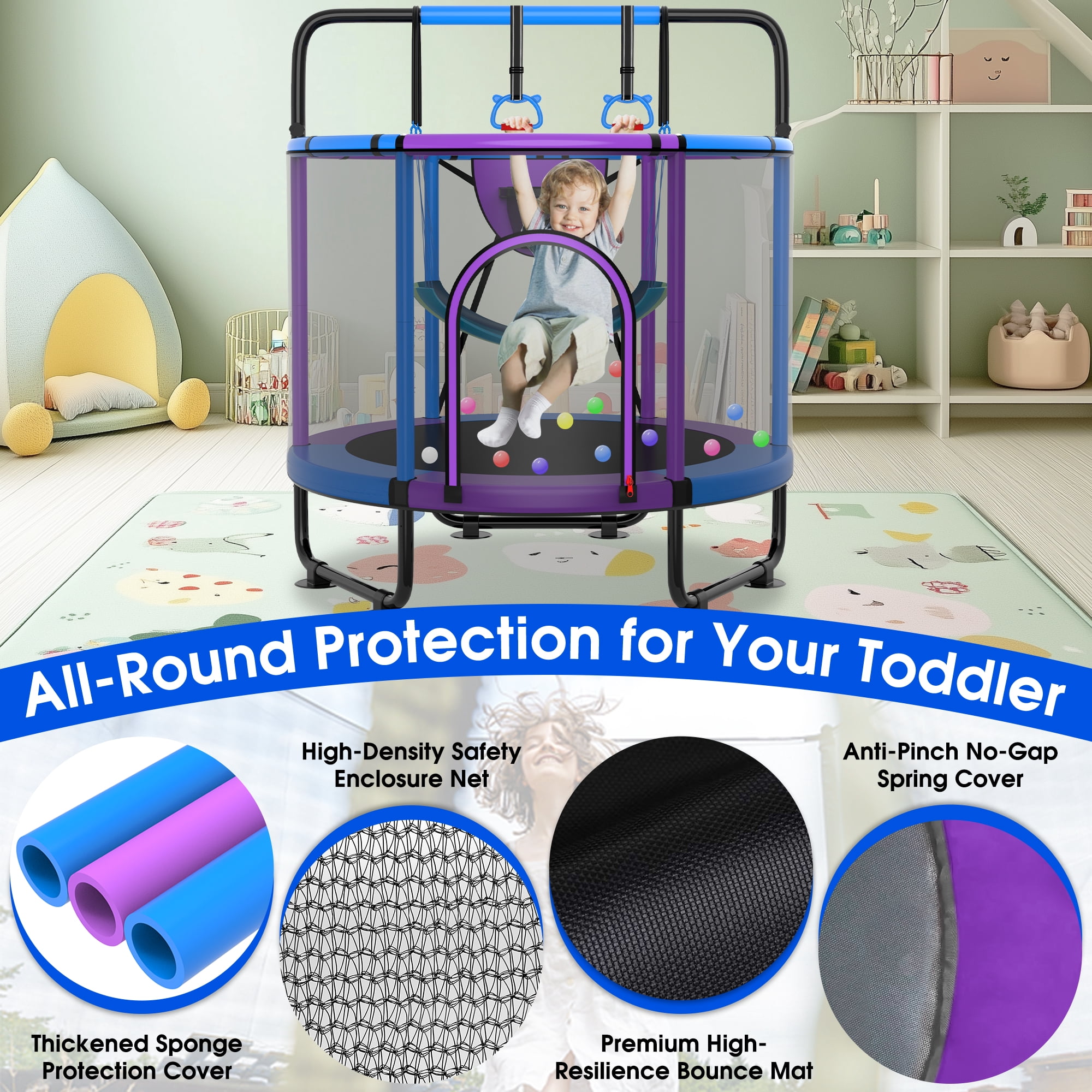 Cochan Kids Trampoline with Enclosure Net and Adjustable Gymnastics Bar (Blue, 5 ft) sq8dr