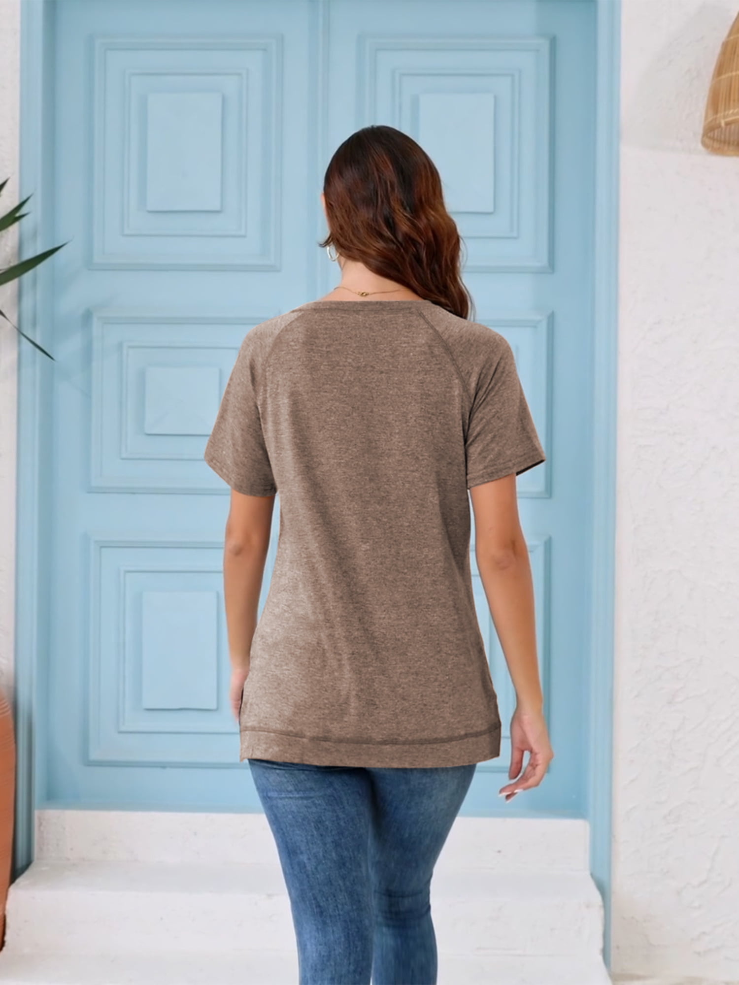 SHIBEVER Women's Short Sleeve Tunic Top Casual Loose Crewneck Shirt (Brown, L) 7trrj
