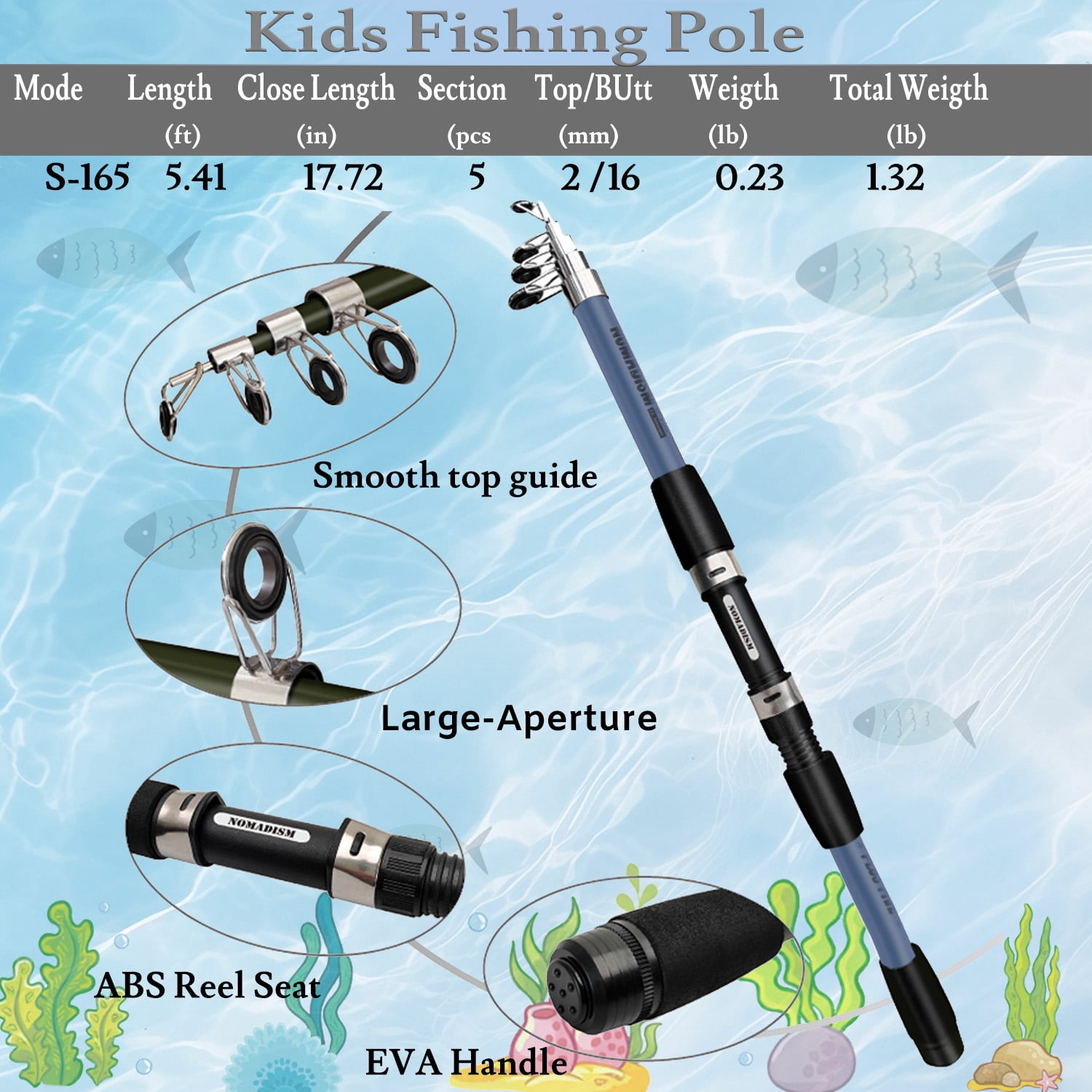 OUTGOO Kids Fishing Pole, Telescopic Fishing Rod and Reel Combo Kit with Tackle Box (Blue, 5.41 ft) viu8m