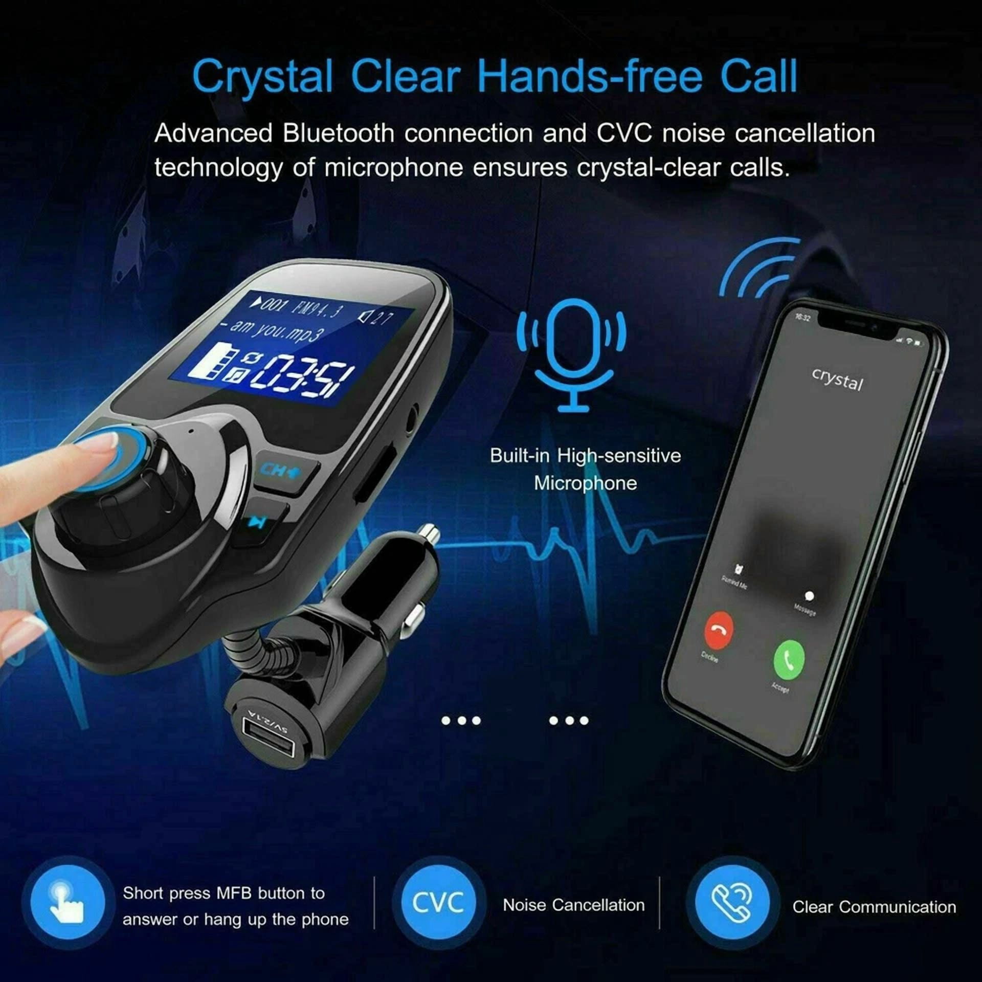Rhea Bluetooth FM Transmitter Wireless Radio Adapter Car Kit (Dual USB Charger) ykbal