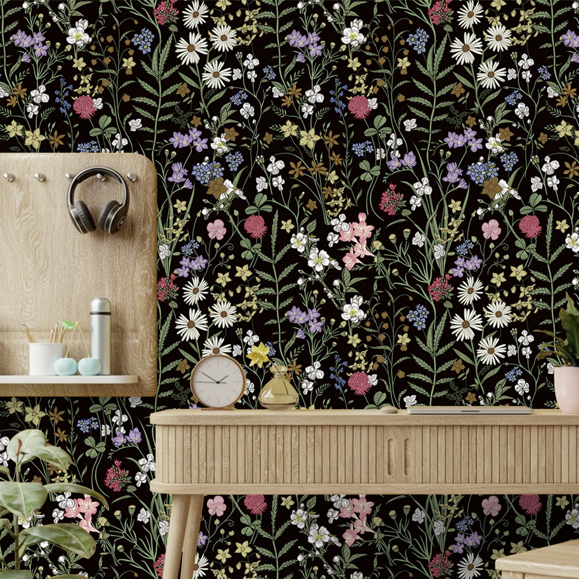 Abyssaly Floral Peel and Stick Wallpaper, Self-Adhesive Removable Contact Paper for Home Decor (Black, 17.7 in x 118 in) 1luh4