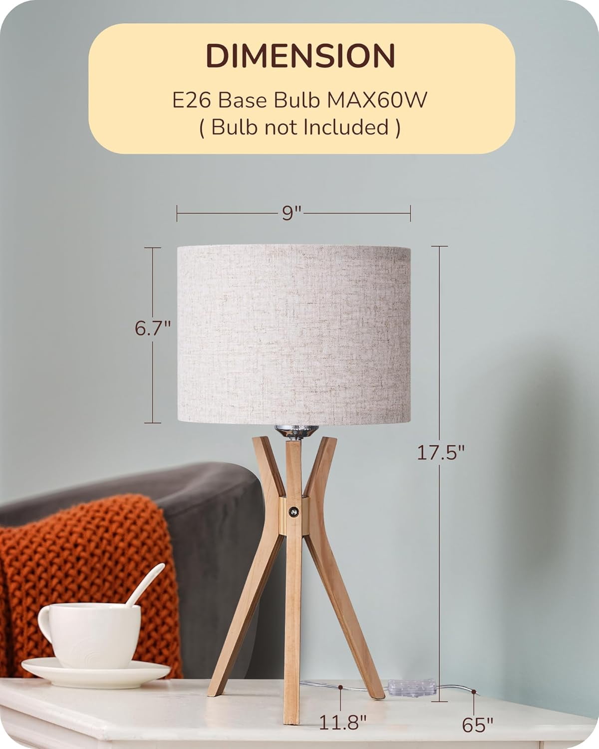 EDISHINE Tripod Table Lamp with Beige Linen Drum Shade (17.5 in) gl0kf