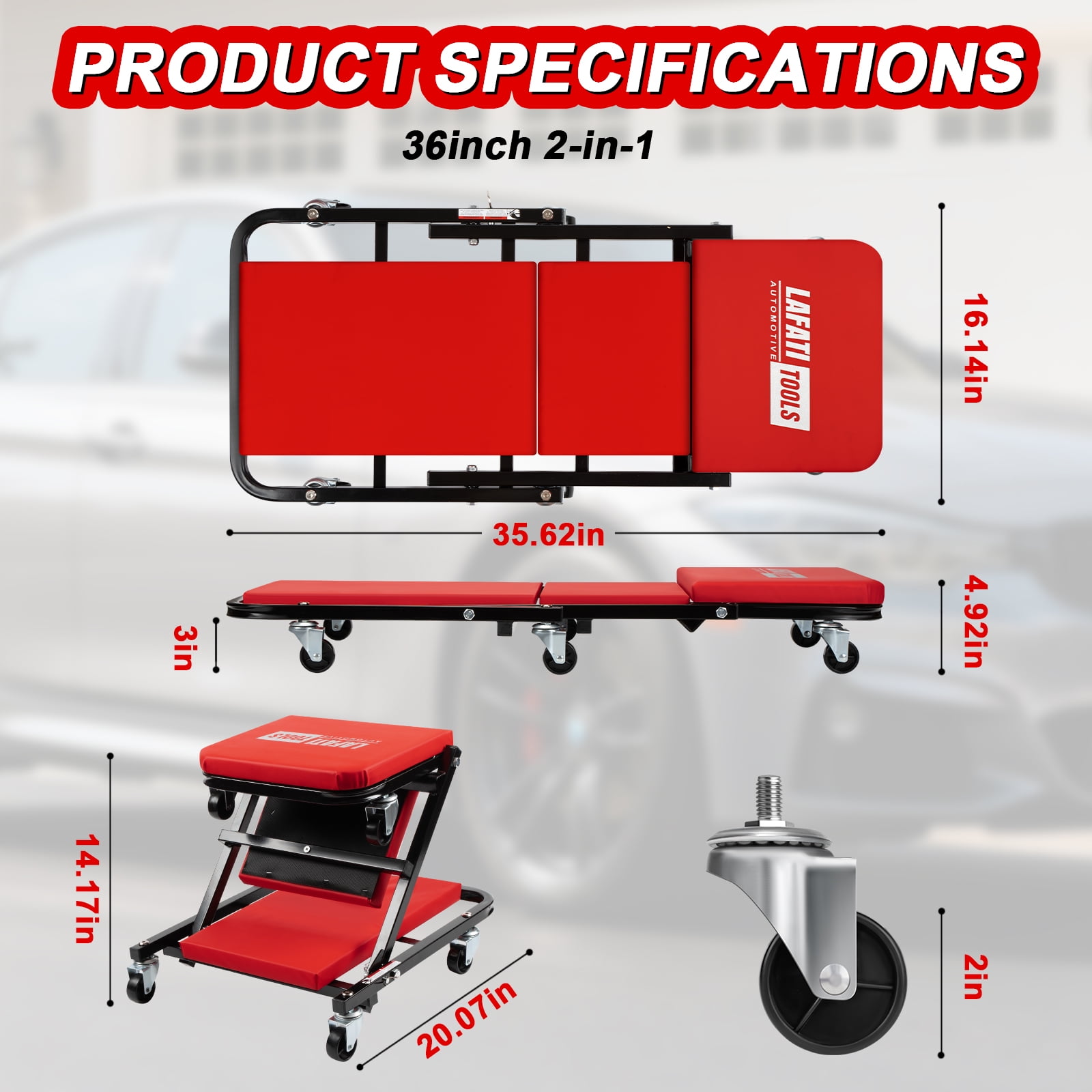 Lafati 2-in-1 Foldable Mechanic Creeper and Rolling Work Stool, Heavy-Duty Steel Frame with 6 Smooth-Rolling Casters (Red, 36 in) i28yv