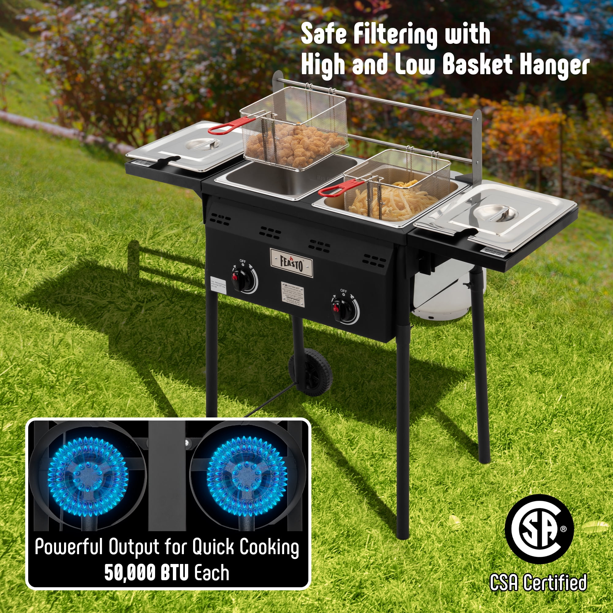 Feasto Dual Basket Propane Turkey Fryer, Outdoor Deep Fryer with Foldable Side Shelves (Black, 50,000 BTU) c0z51