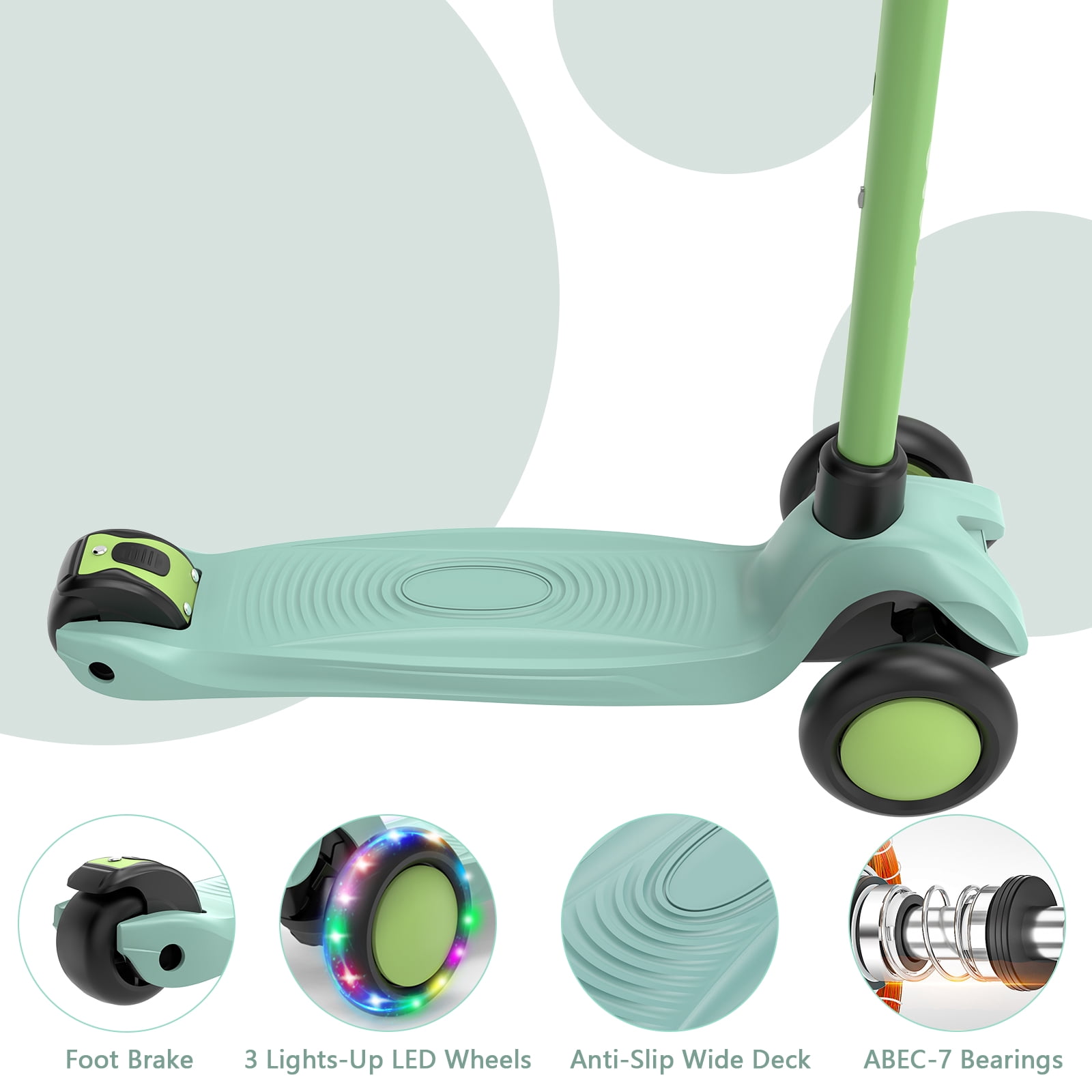 Spptty Kids Kick Scooter with 3 LED Lighted Wheels, Adjustable Height Handlebars, Lean-to-Steer, Foldable Design (Green, 8 lb) 9rnb7