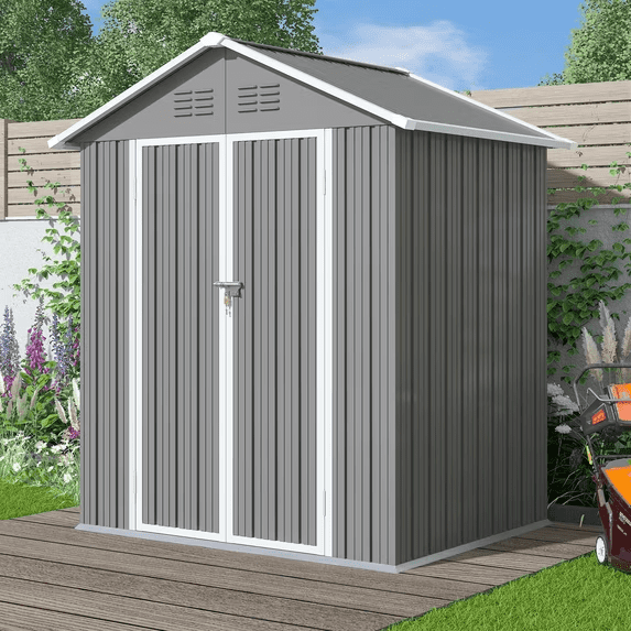 Enyopro Outdoor Storage Shed, Galvanized Metal Garden Tool Shed with Lockable Double Doors and Sloped Roof (Gray, 6 ft x 4 ft) p6ius