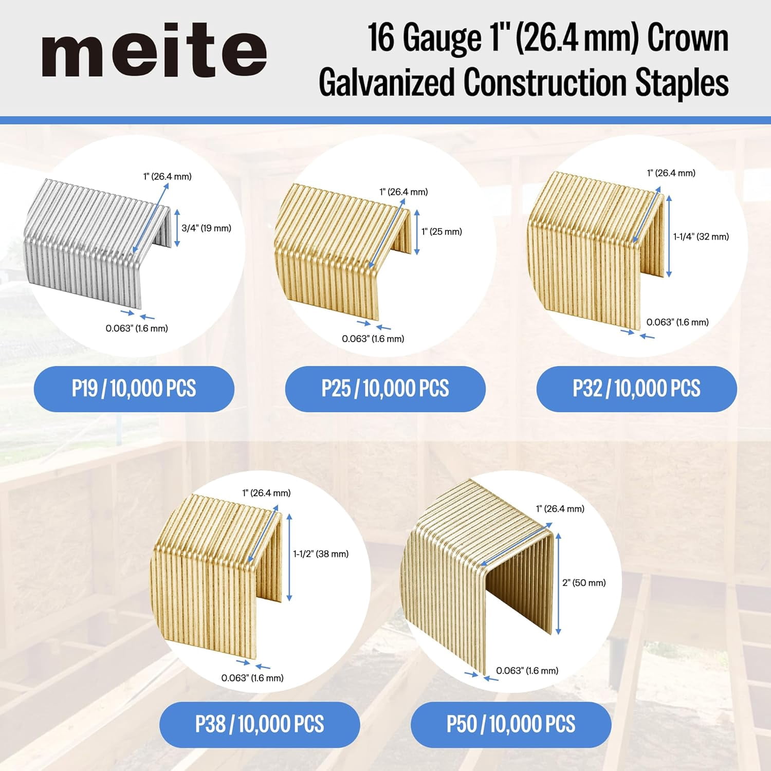 MEITE 16 Gauge 1 in Wide Crown Construction Staples, Galvanized (Silver, 10000 Count, 0.75 in) 8qmcw