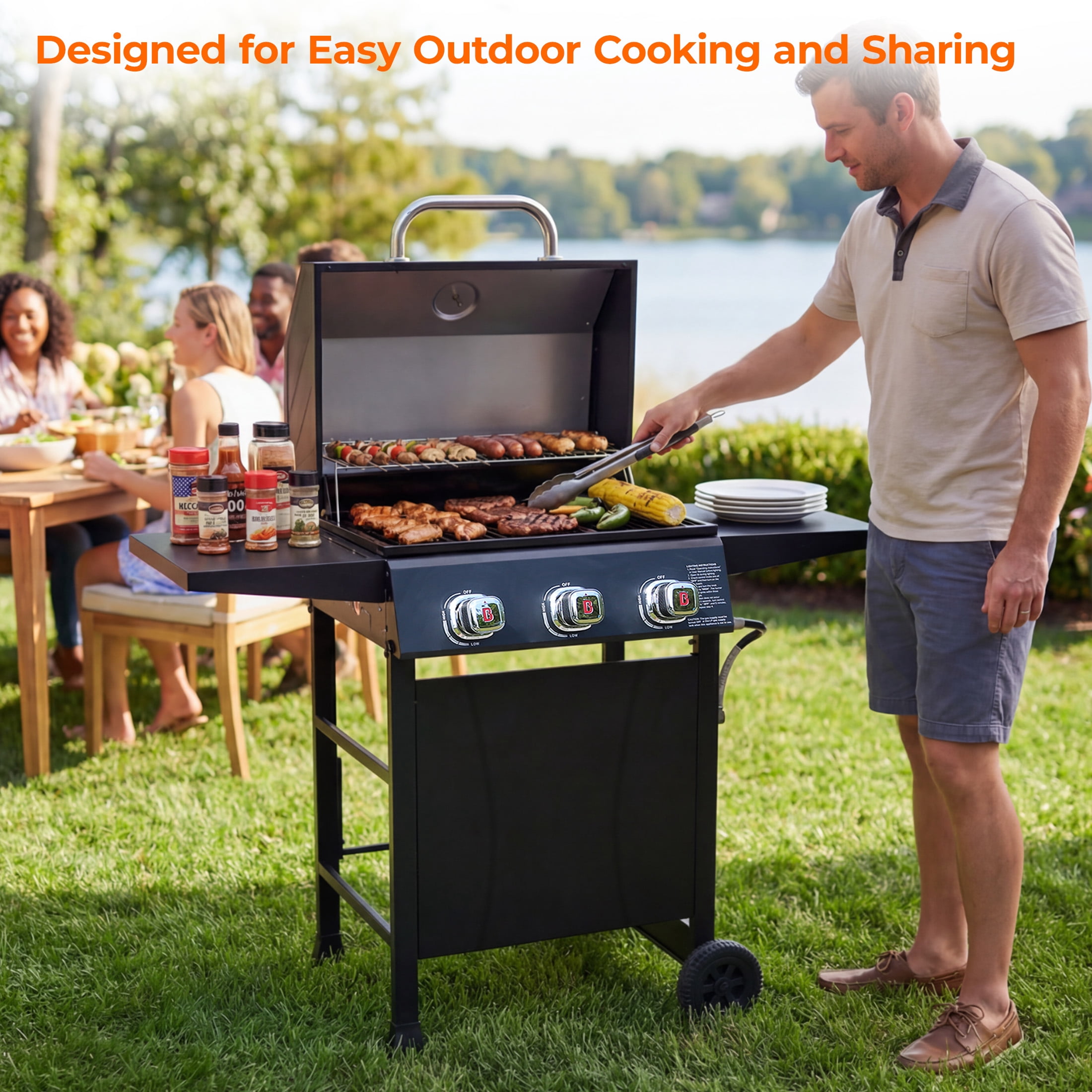 Fliintex 3-Burner Propane Gas Grill, Outdoor BBQ Grill with Porcelain-Coated Grates and Built-in Thermometer (Black, 467 sq. in.) r3jzw