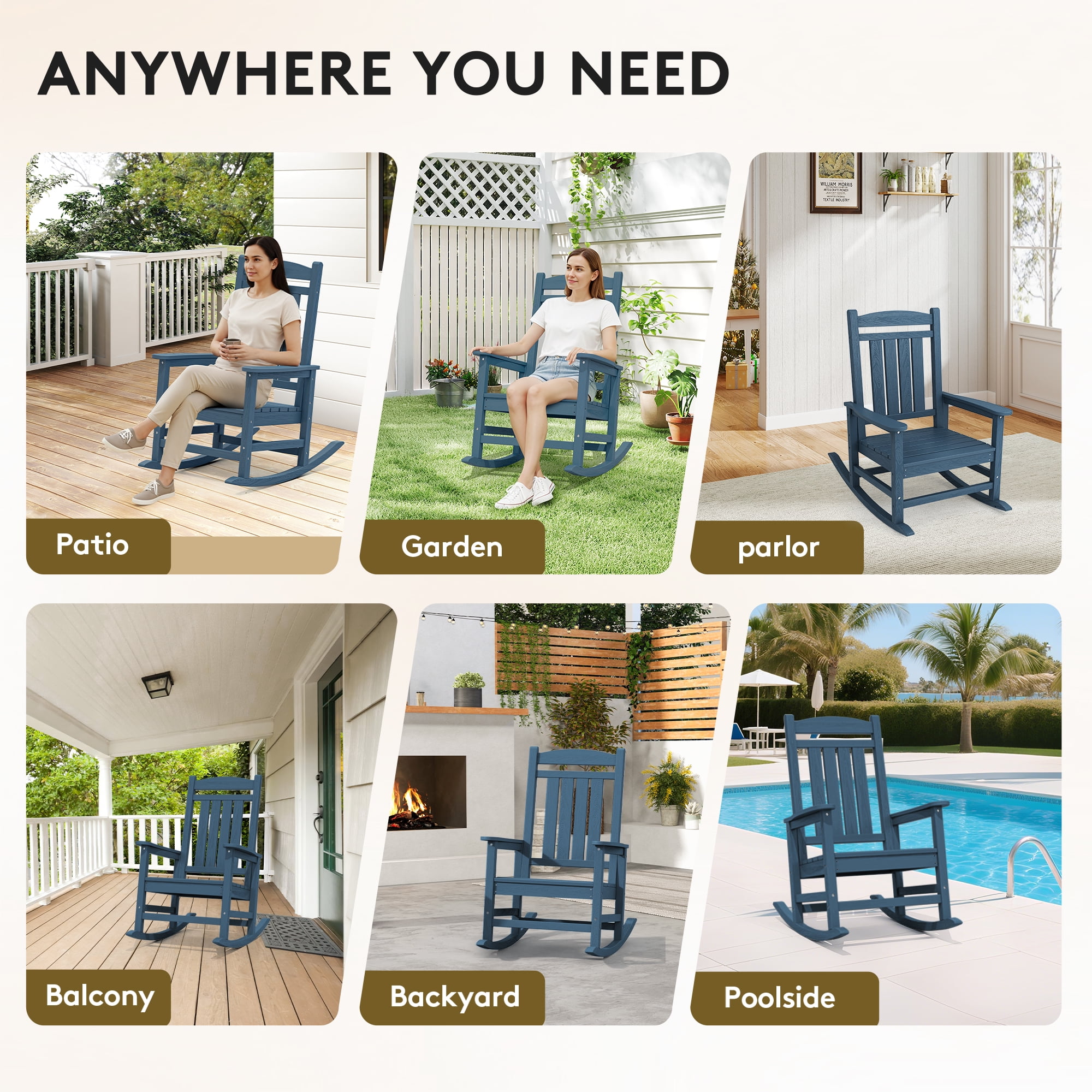 KINGYES Outdoor Rocking Chair, Weatherproof HDPE Patio Rocker for Deck Lawn Yard (Navy) evthg