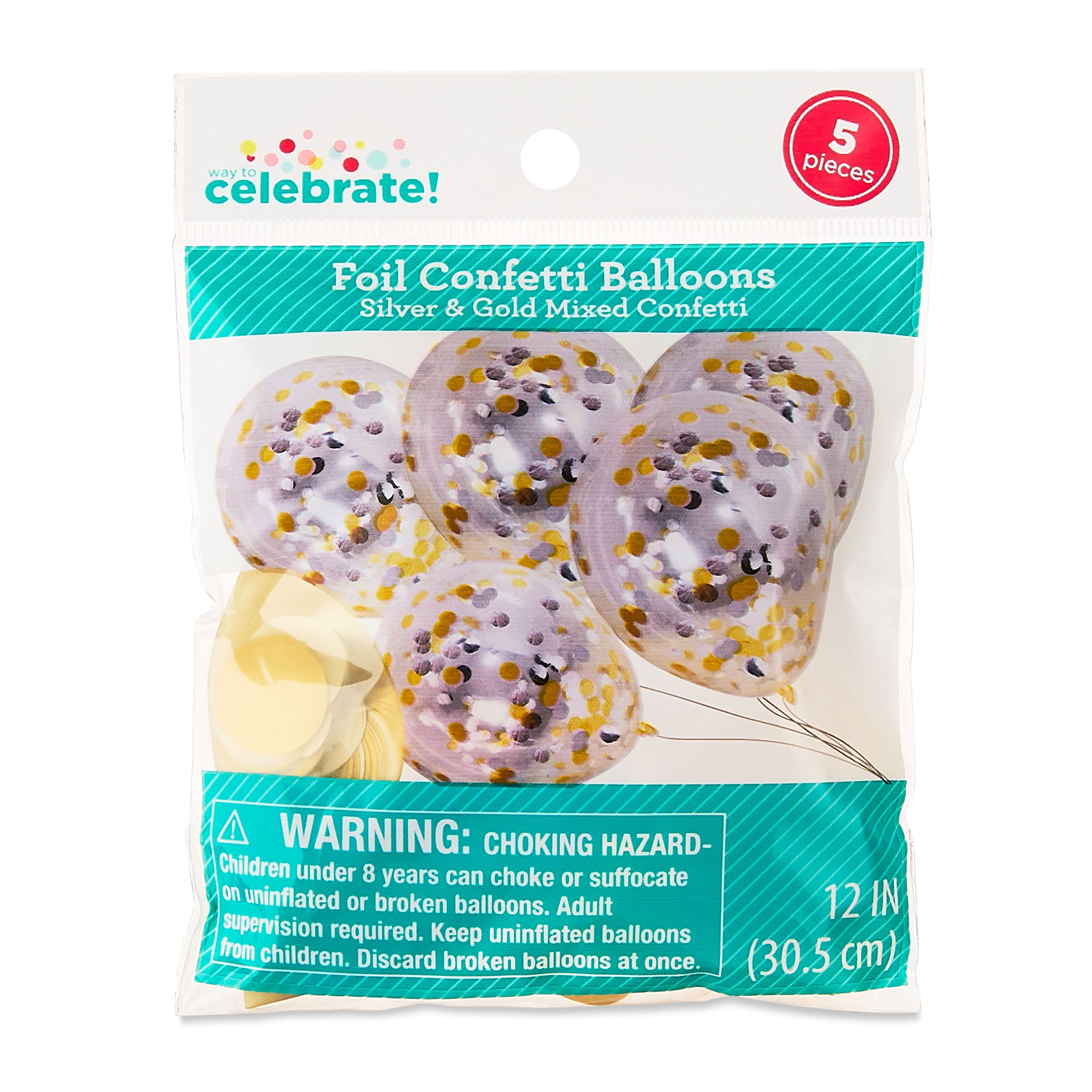 Way To Celebrate Foil Confetti Balloons, Decorative Party Supplies (Silver/Gold, 5 Count, 12 in) h9lhg