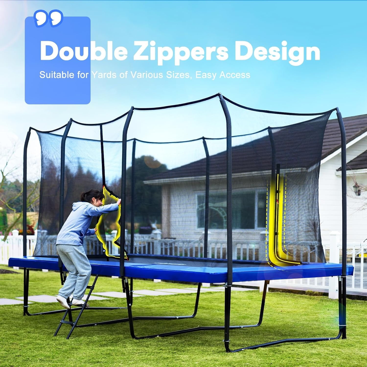 Zupapa Rectangle Trampoline with Safety Enclosure Net (1500 lb Capacity, 9x15 ft) jfro9