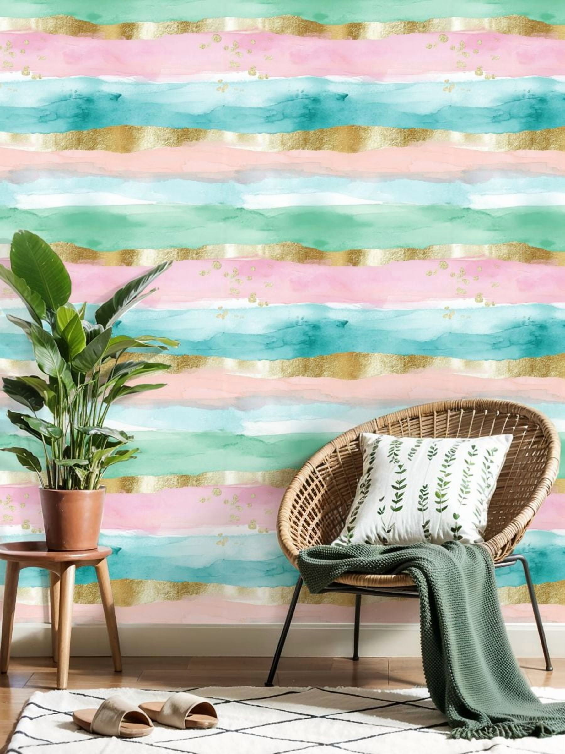 Kanworse Boho Peel and Stick Wallpaper Abstract Watercolor Stripes with Gold Accents (Gold, 17.7 in x 9.8 ft) fazqc