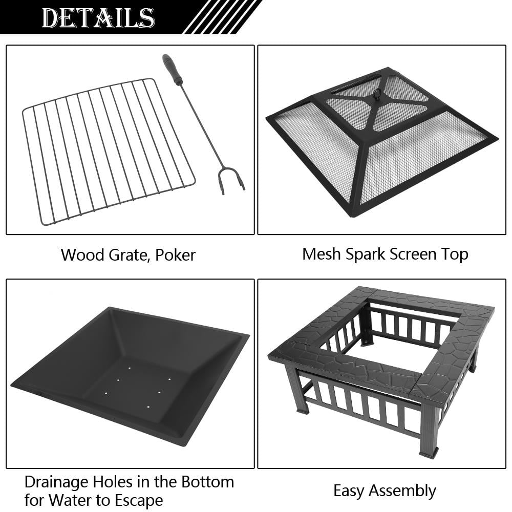 Zimtown 32 in Square Metal Fire Pit with Spark Screen and BBQ Grate (Black, 32 in) ma39g