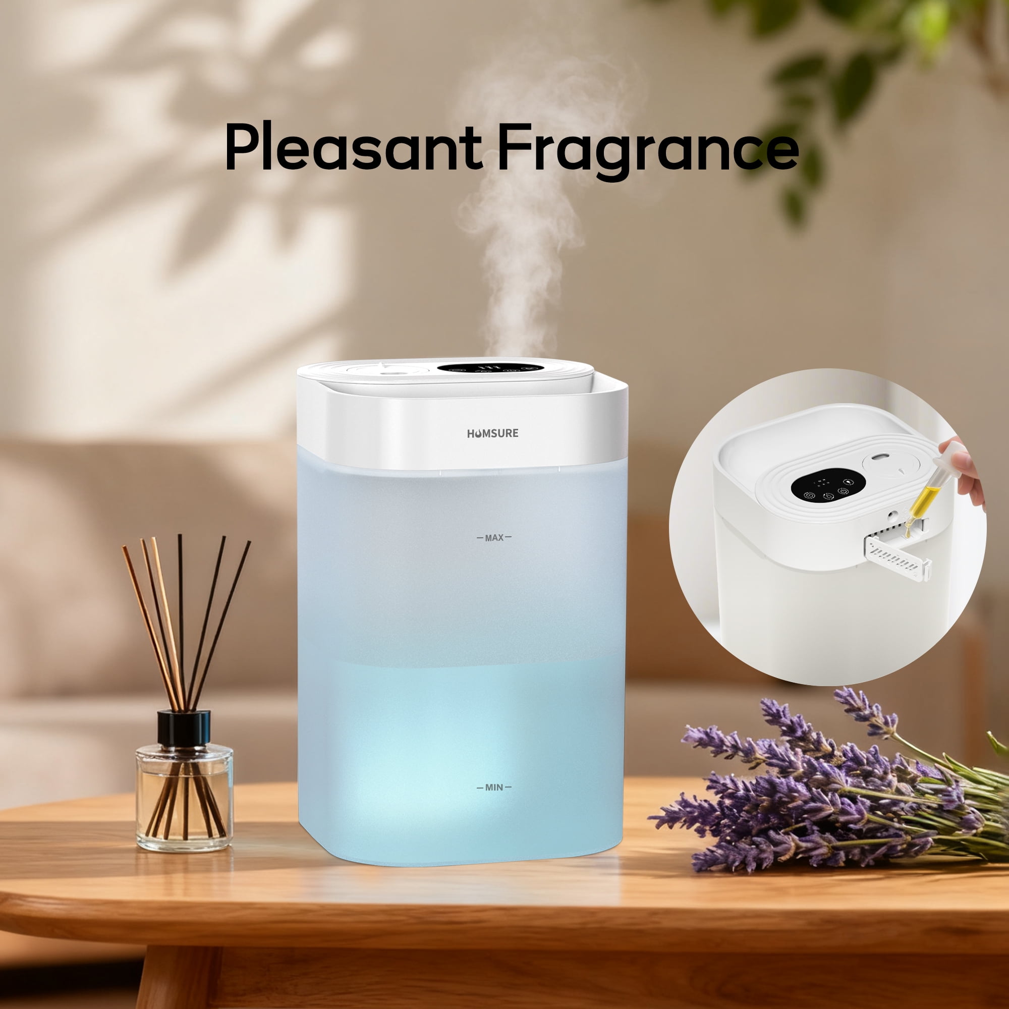 HUMSURE Ultrasonic Cool Mist Humidifier for Bedroom and Plants, Silent Operation with Essential Oil Tray and 7-Color LED Light (White, 1.19 gal) fsspf