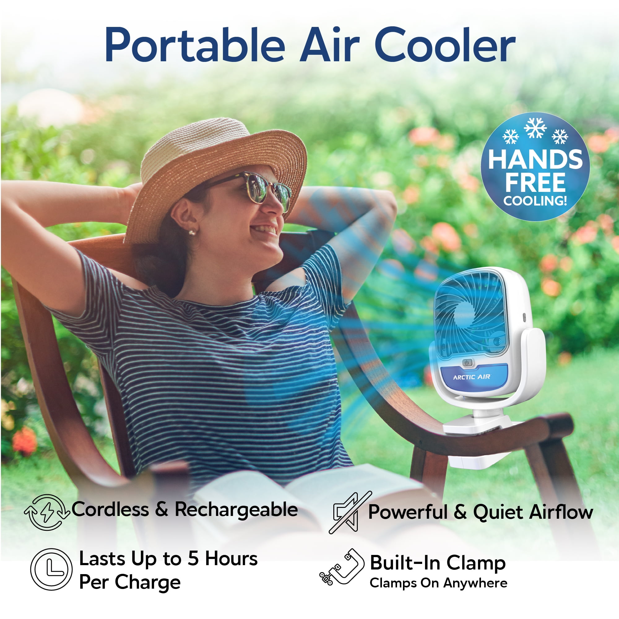 Arctic Air Grip Go Portable Evaporative Air Cooler, Rechargeable Personal Cooling Fan (White, 2.5 in Clamp) 1soy6