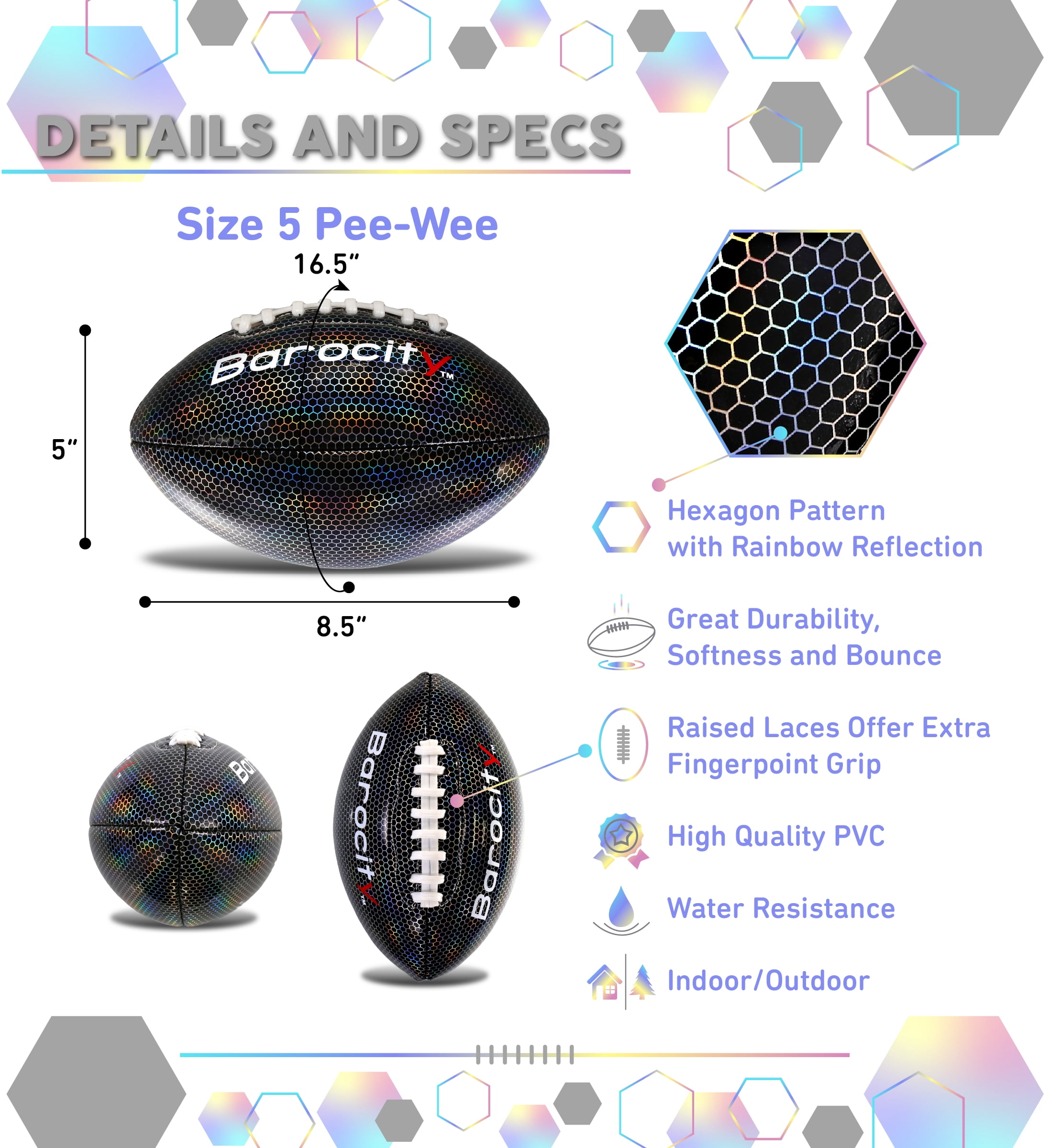 Puzzled Barocity Pee Wee Size 3 Football with Reflective Rainbow Hex Pattern (Black, 0.5 lb) 0412k