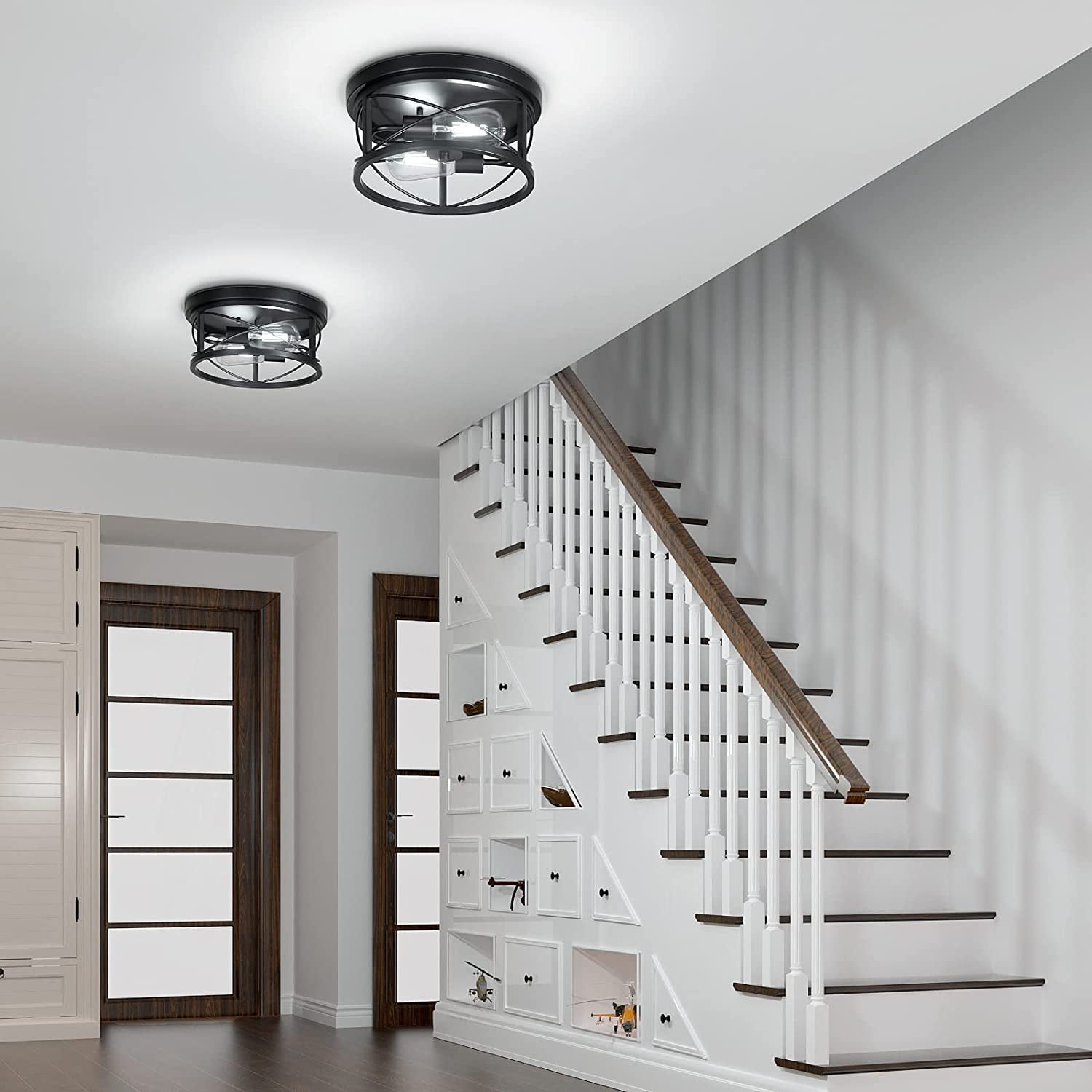 Pynsseu 2-Light Flush Mount Ceiling Light Fixture Industrial Farmhouse Metal Close to Ceiling Lighting (Black, 12 in) riz3l