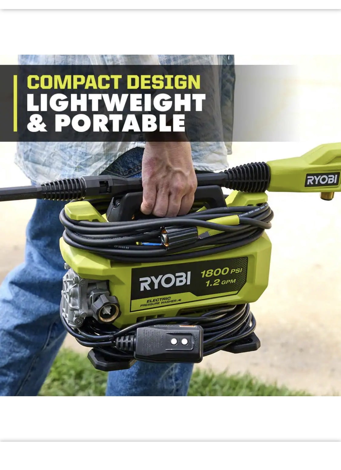 Ryobi 1800 PSI 1.2 GPM Electric Pressure Washer (Compact Corded Design) 5hick