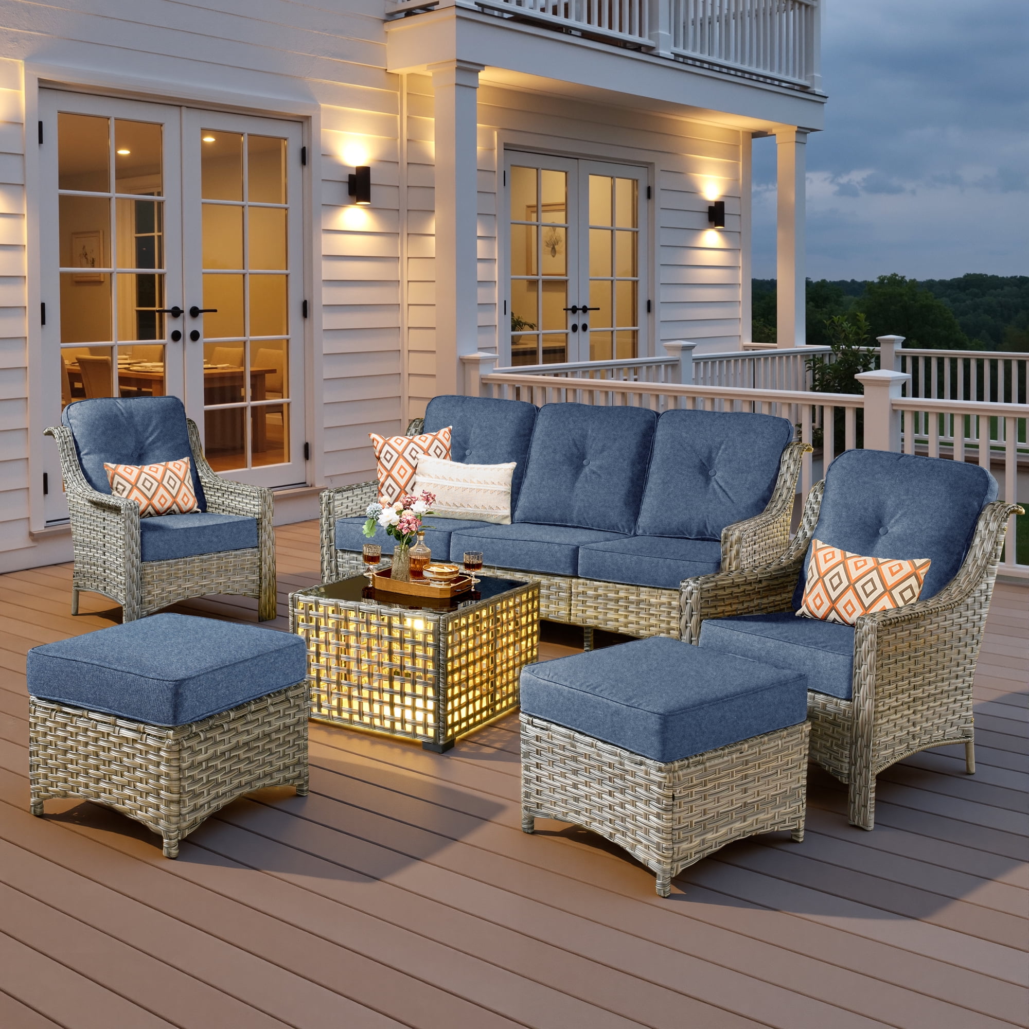 Ovios 6-Piece Outdoor Patio Furniture Set with Solar LED Coffee Table and High-Back Wicker Sofa (Denim Blue, 6-Piece Set) vwygz