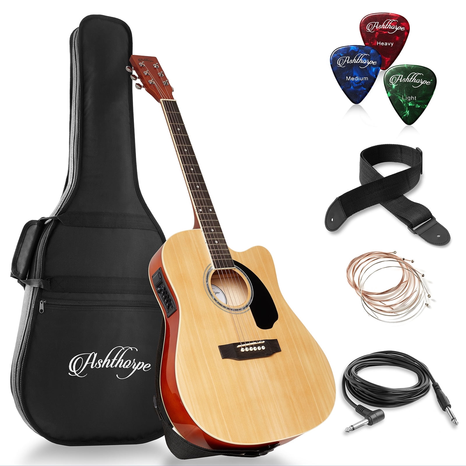 Ashthorpe Full-Size Cutaway Thinline Acoustic Electric Guitar Package (Natural, 41 in) lg92k