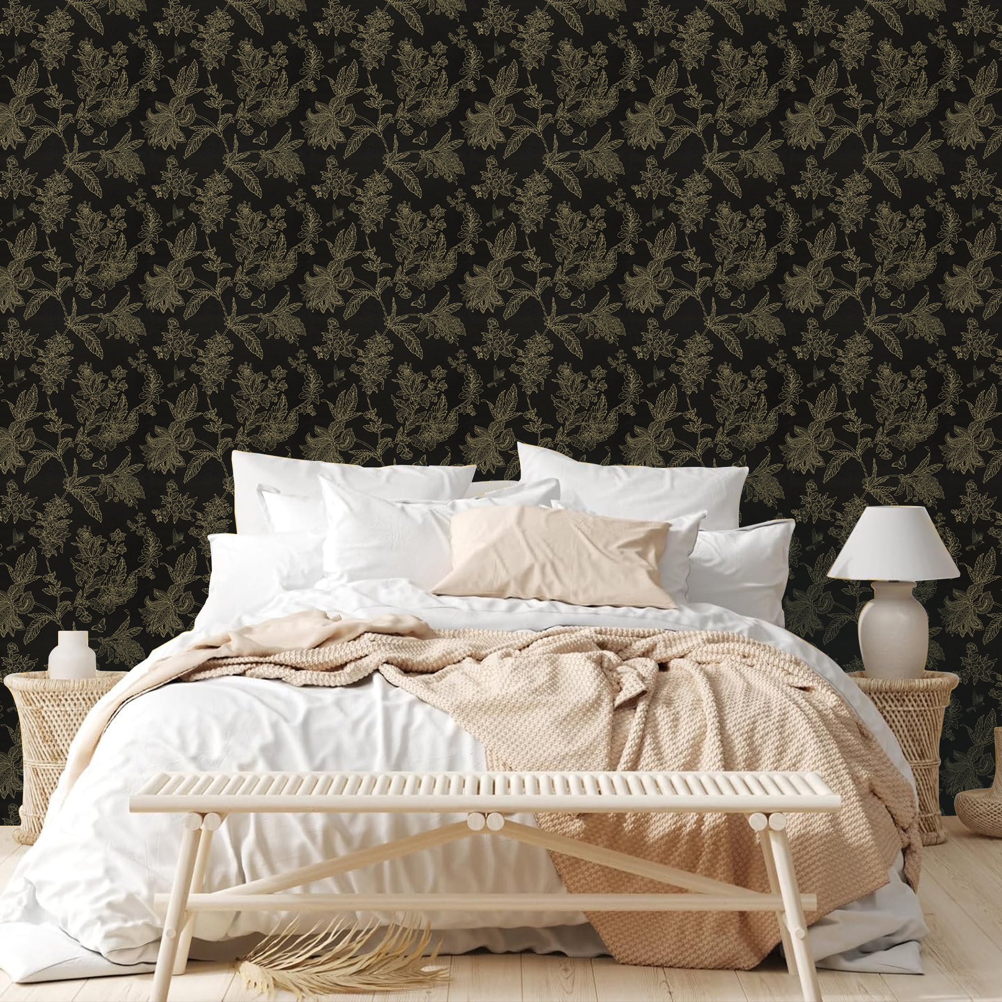 Abyssaly Floral Peel and Stick Wallpaper, Self-Adhesive Vinyl Wall Covering for Bedroom (Black, 17.5-in x 118-in) hxopv